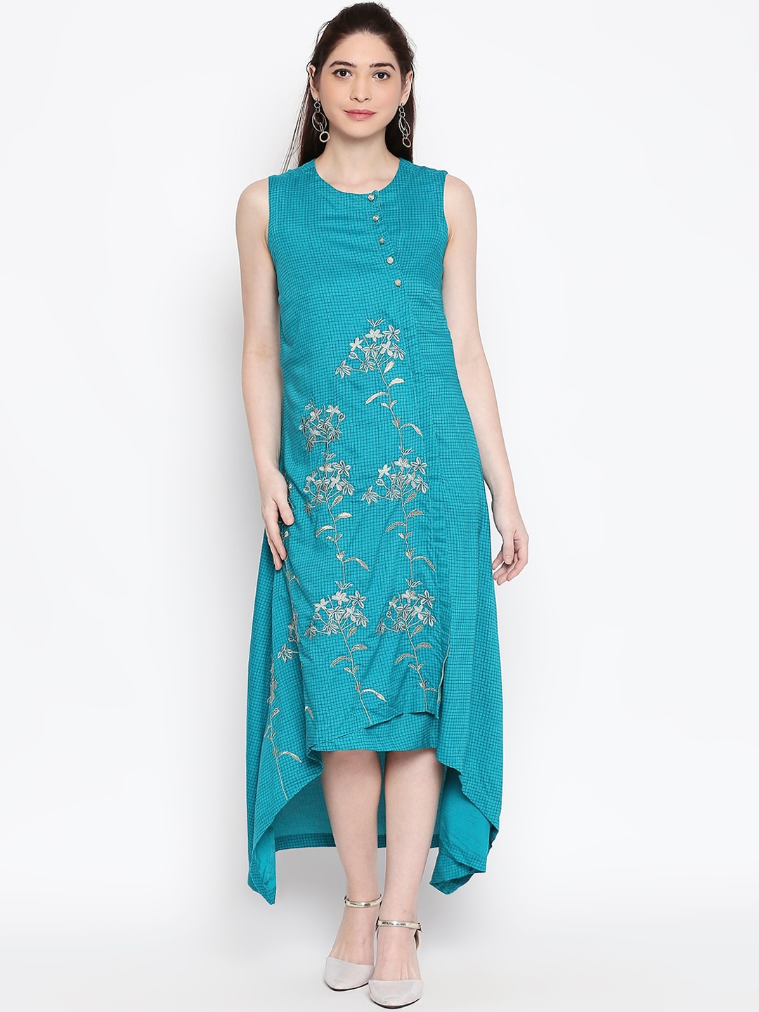 

RANGMANCH BY PANTALOONS Women Turquoise Blue & Gold-Coloured Checked A-Line Dress