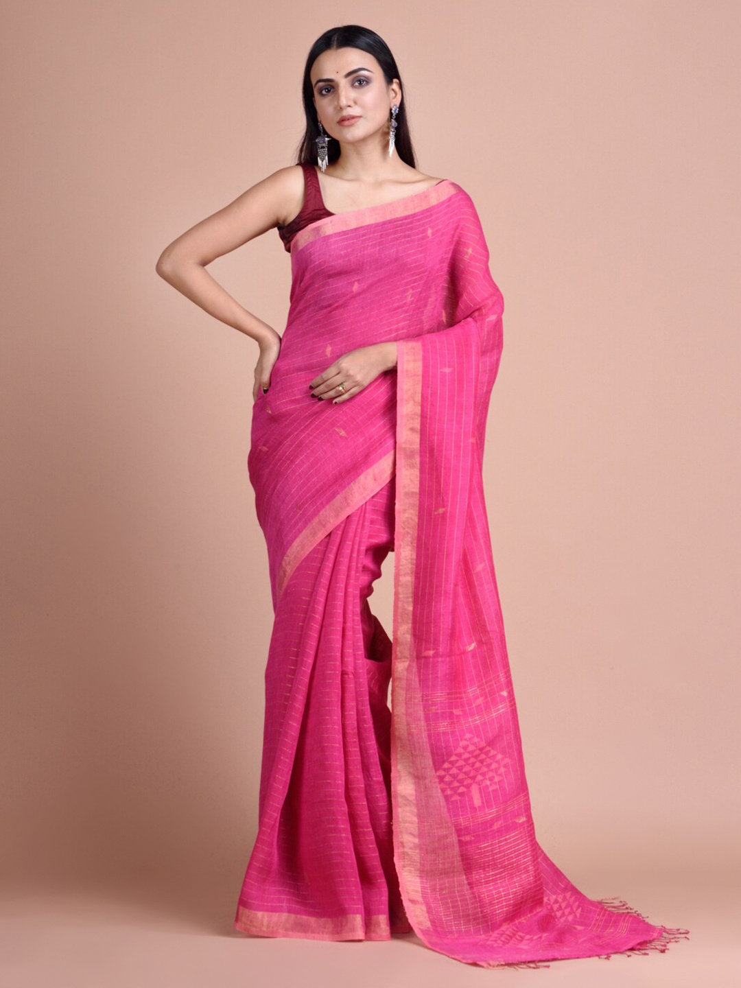 

Mitera Pink Striped Pure Linen Designer Saree