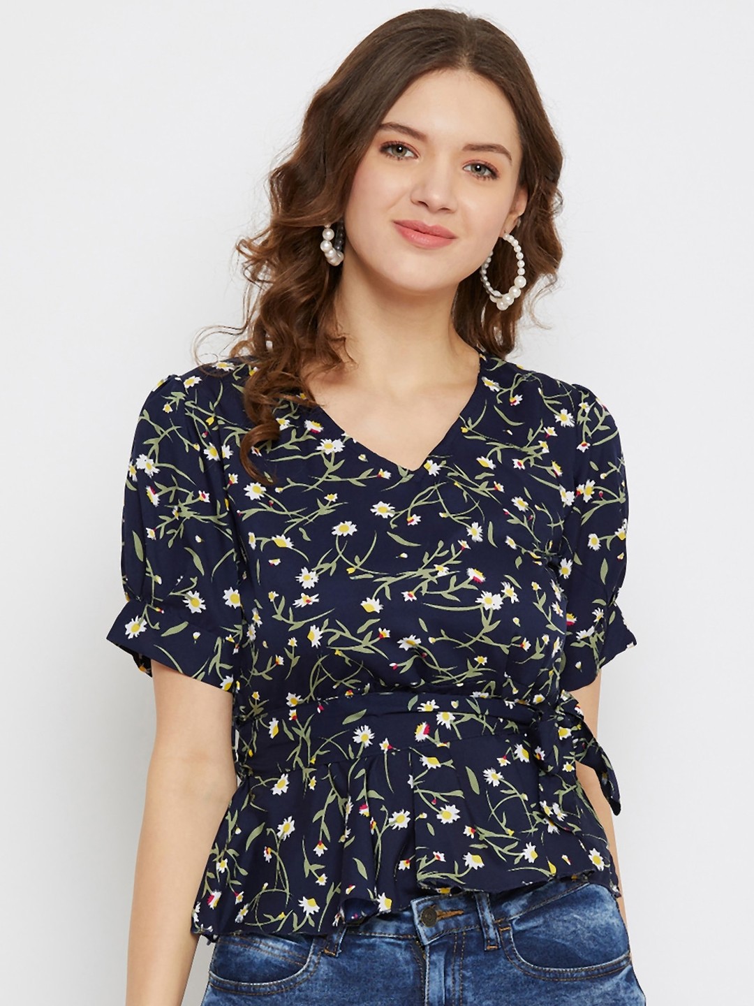

U&F Women Navy Blue Floral Printed Puff Sleeves Crepe Cinched Waist Top