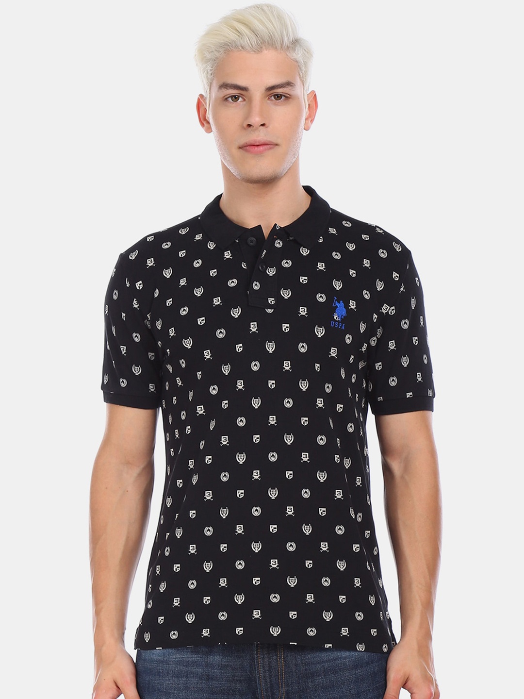 

U.S. Polo Assn. Men Black Printed Mandarin Collar Pure Cotton T-shirt