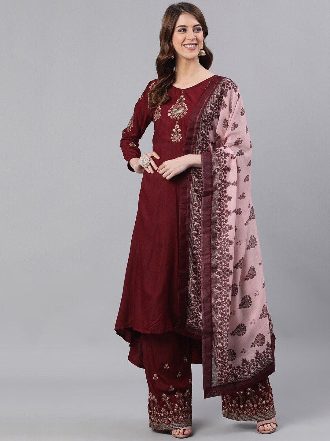 

Ishin Women Maroon Embroidered Kurta with Palazzos & Dupatta