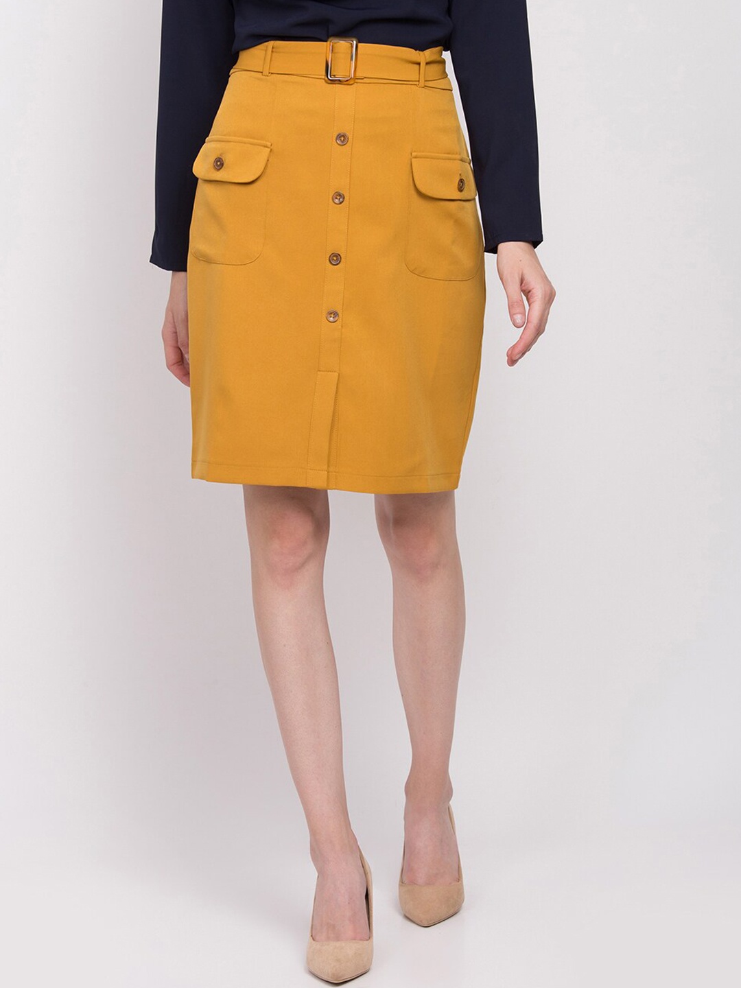 

ZOELLA Women Mustard-Yellow Solid Knee Length Skirt