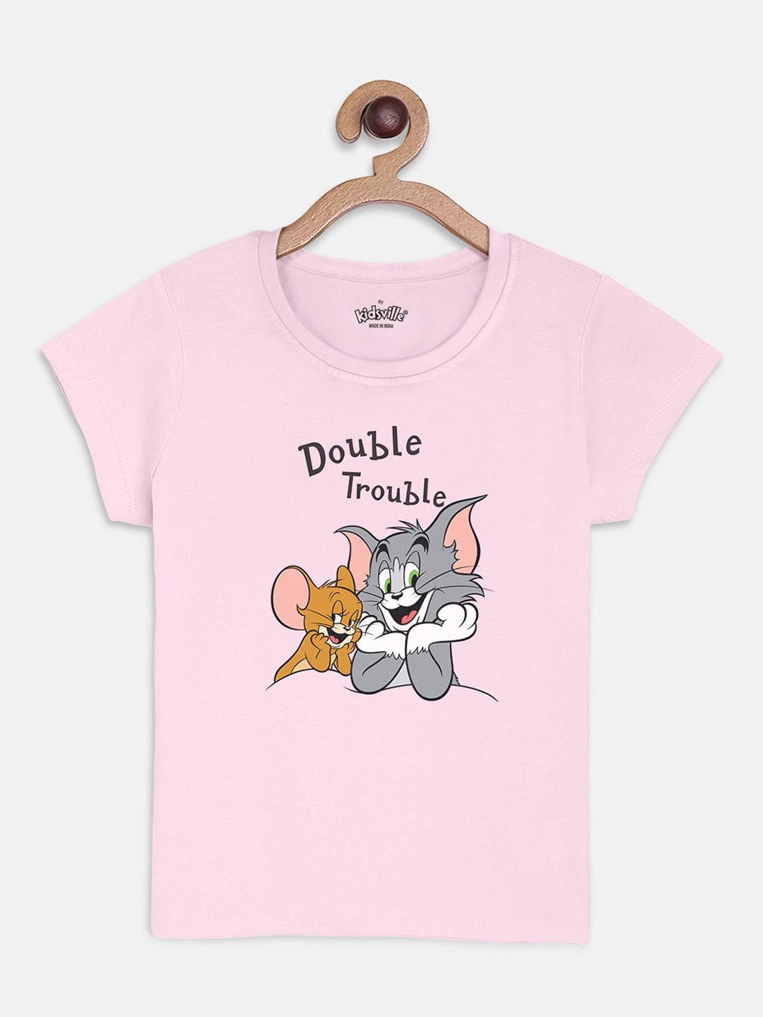 

Kids Ville Girls Pink Tom Jerry Printed Round Neck Cotton Pure Cotton T-shirt