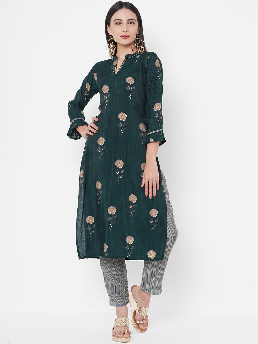

FASHOR Women Green Printed Kurti with Trousers
