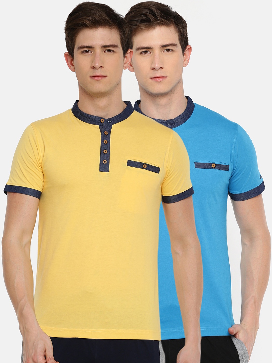 

Dollar Men Pack of 2 Solid Cotton Henley Neck T-shirt, Blue