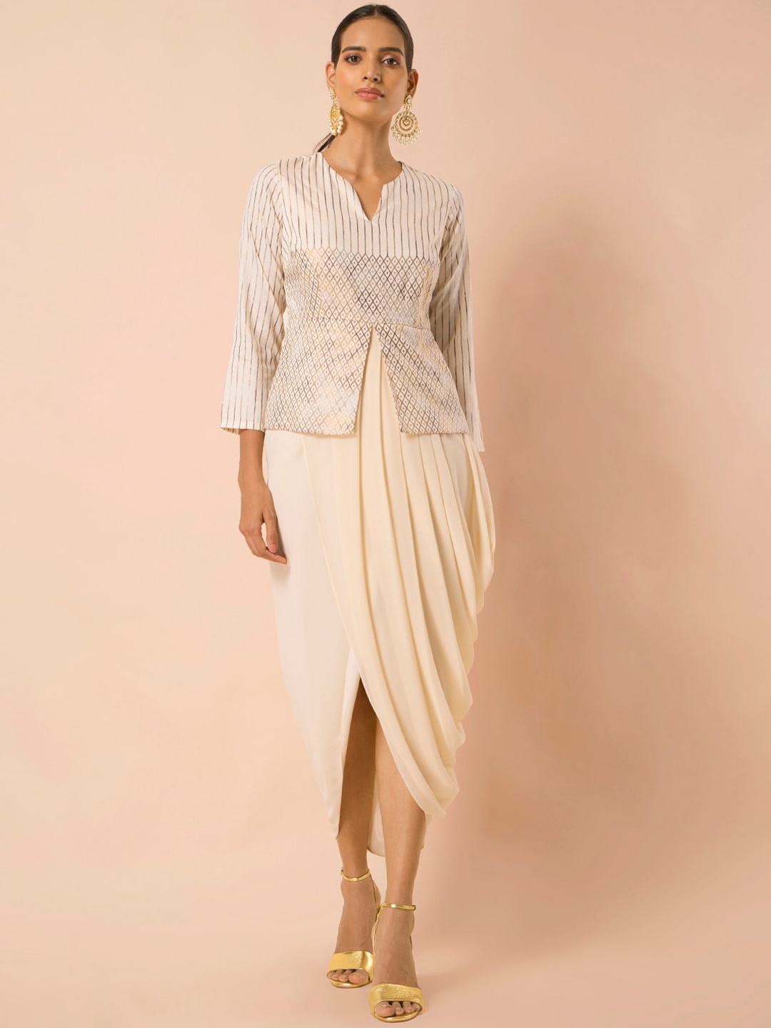 

INDYA Ivory Asymmetric Draped Peplum Kurta, White