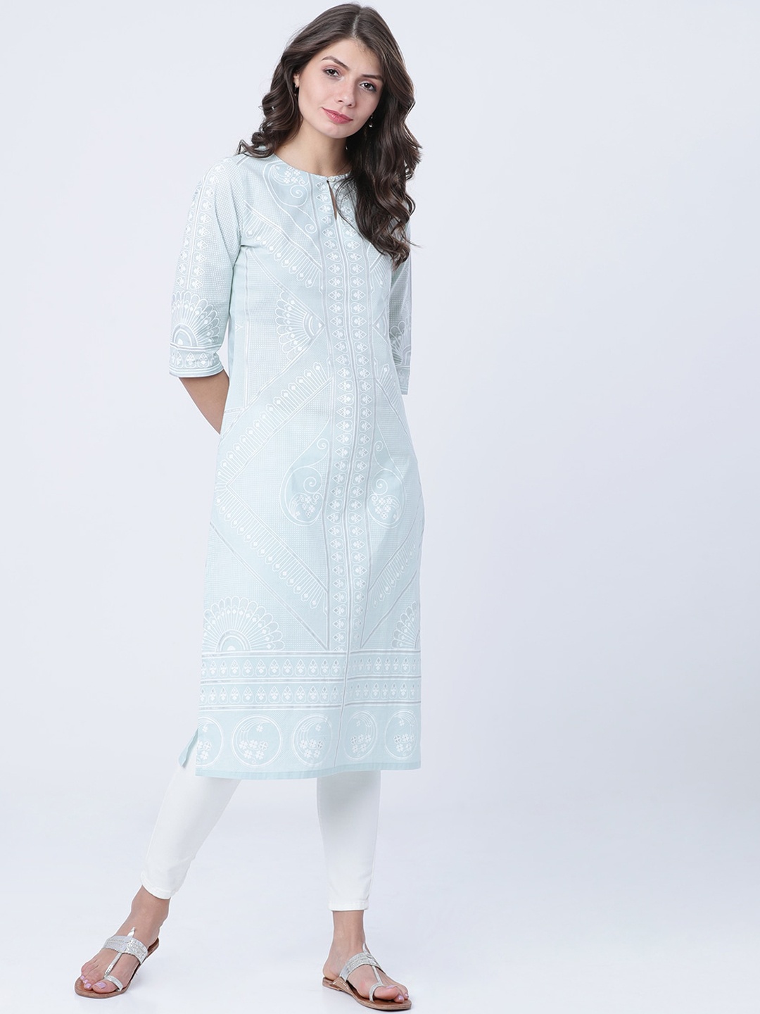 

Vishudh Blue Ethnic Motifs Printed Keyhole Neck Kurta