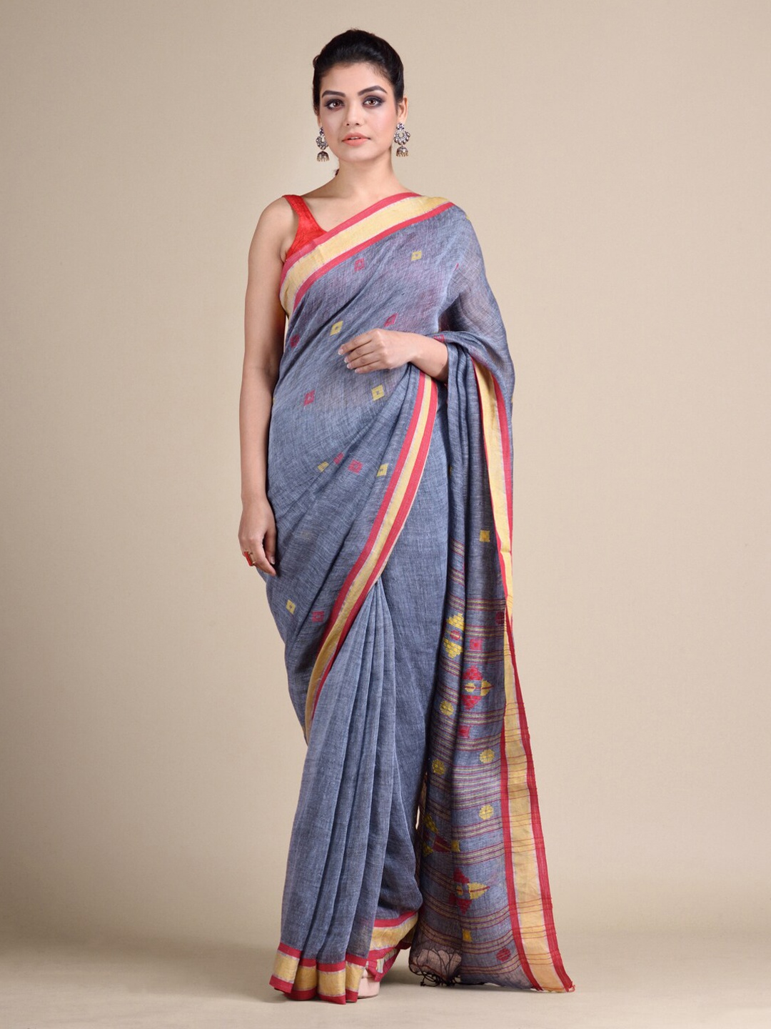 

Mitera Grey Embroidered Pure Linen Saree