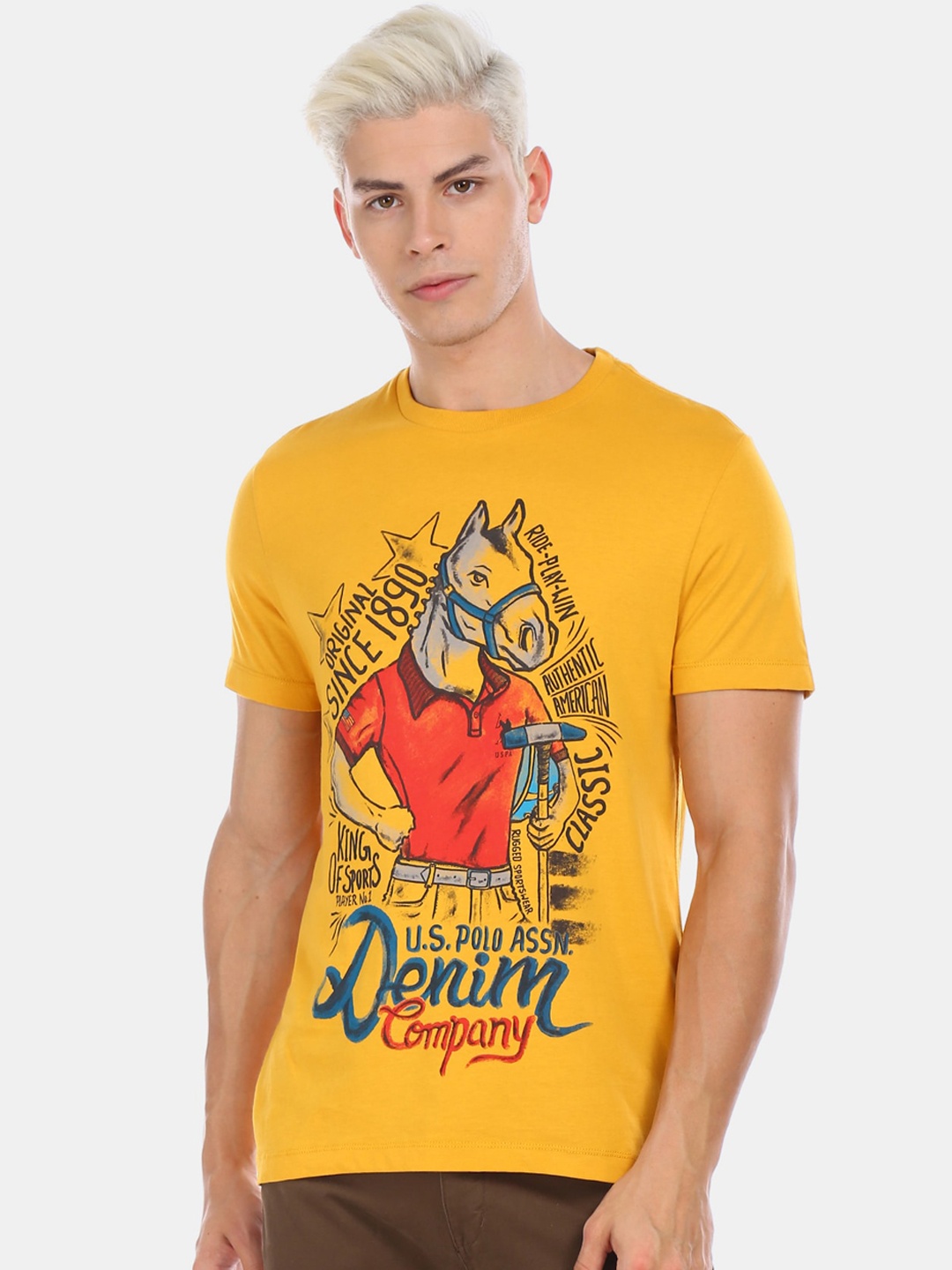 

U.S. Polo Assn. Denim Co. Men Mustard Yellow Printed Round Neck Cotton Pure Cotton T-shirt