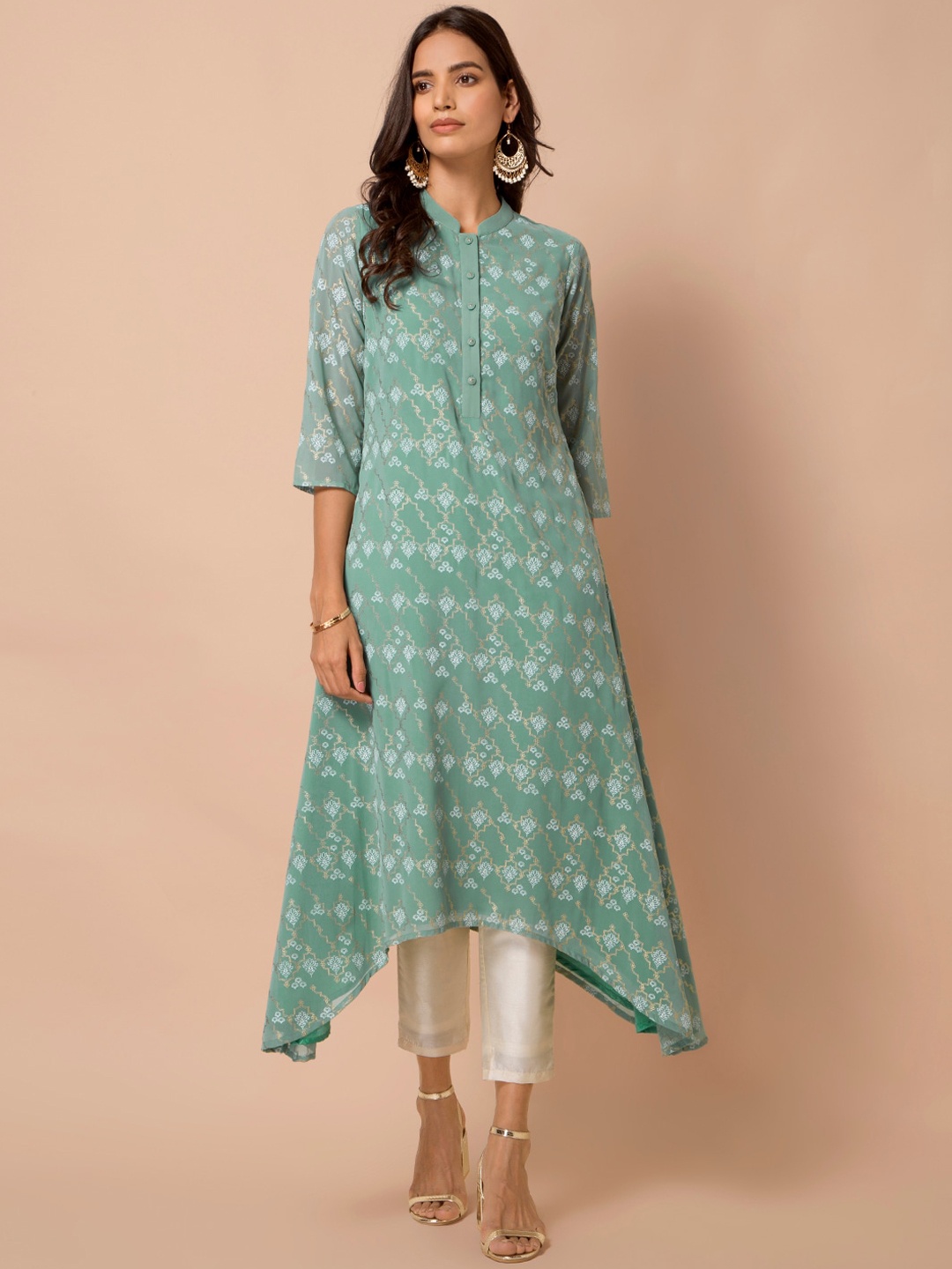 

INDYA Blue Printed High Low Kurta, Green