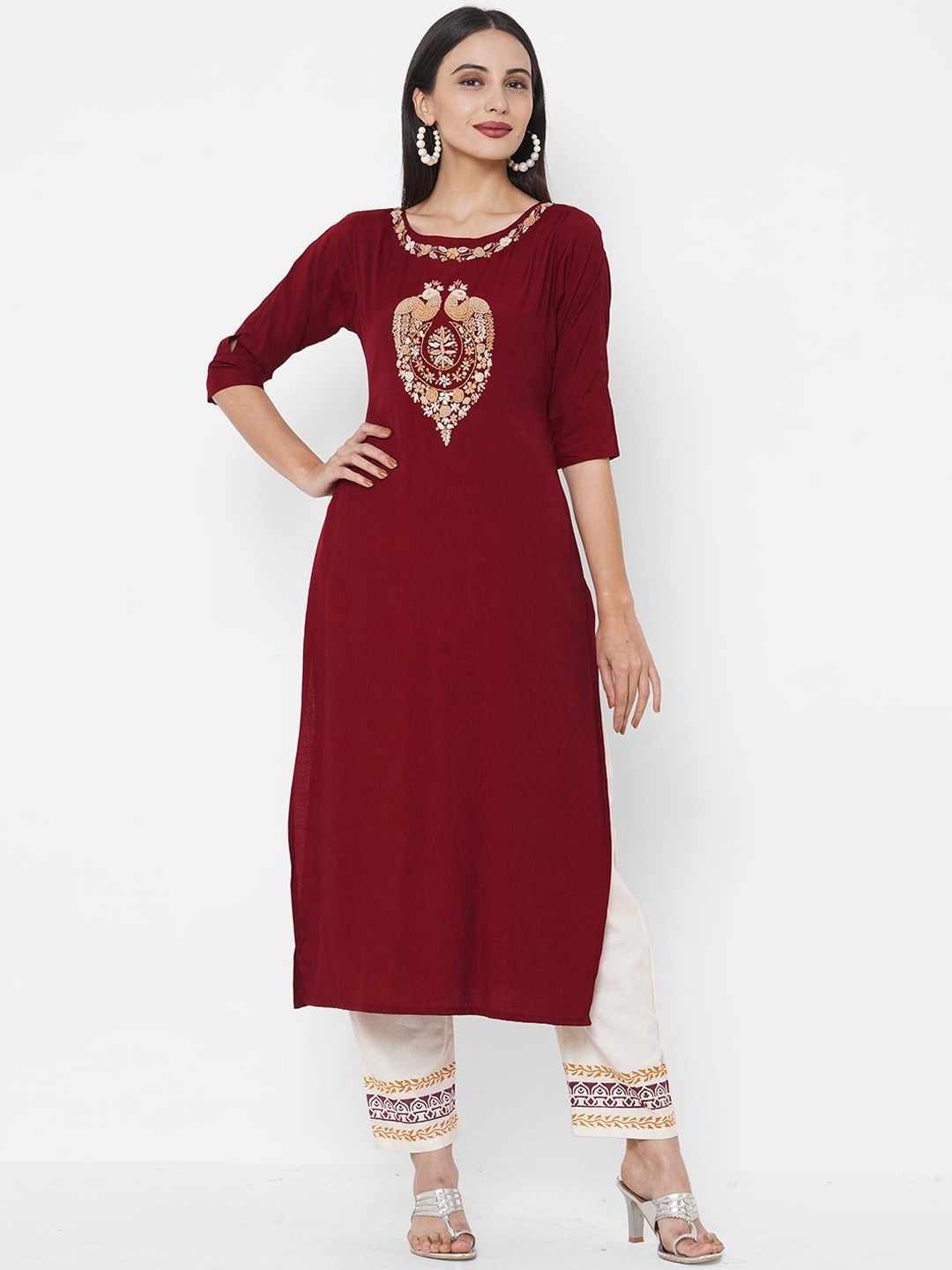 

FASHOR Maroon Ethnic Motifs Embroidered Thread Work Boat Neck Regular Sleeves Kurta