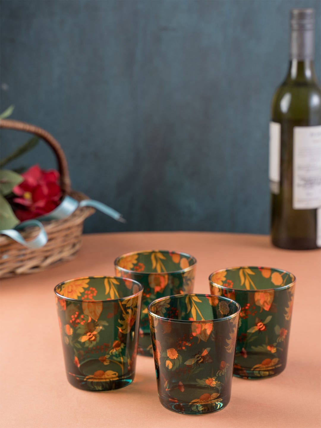

KOLOROBIA Set of 4 Green & Orange Floral Bliss Sunflower Conical Glass