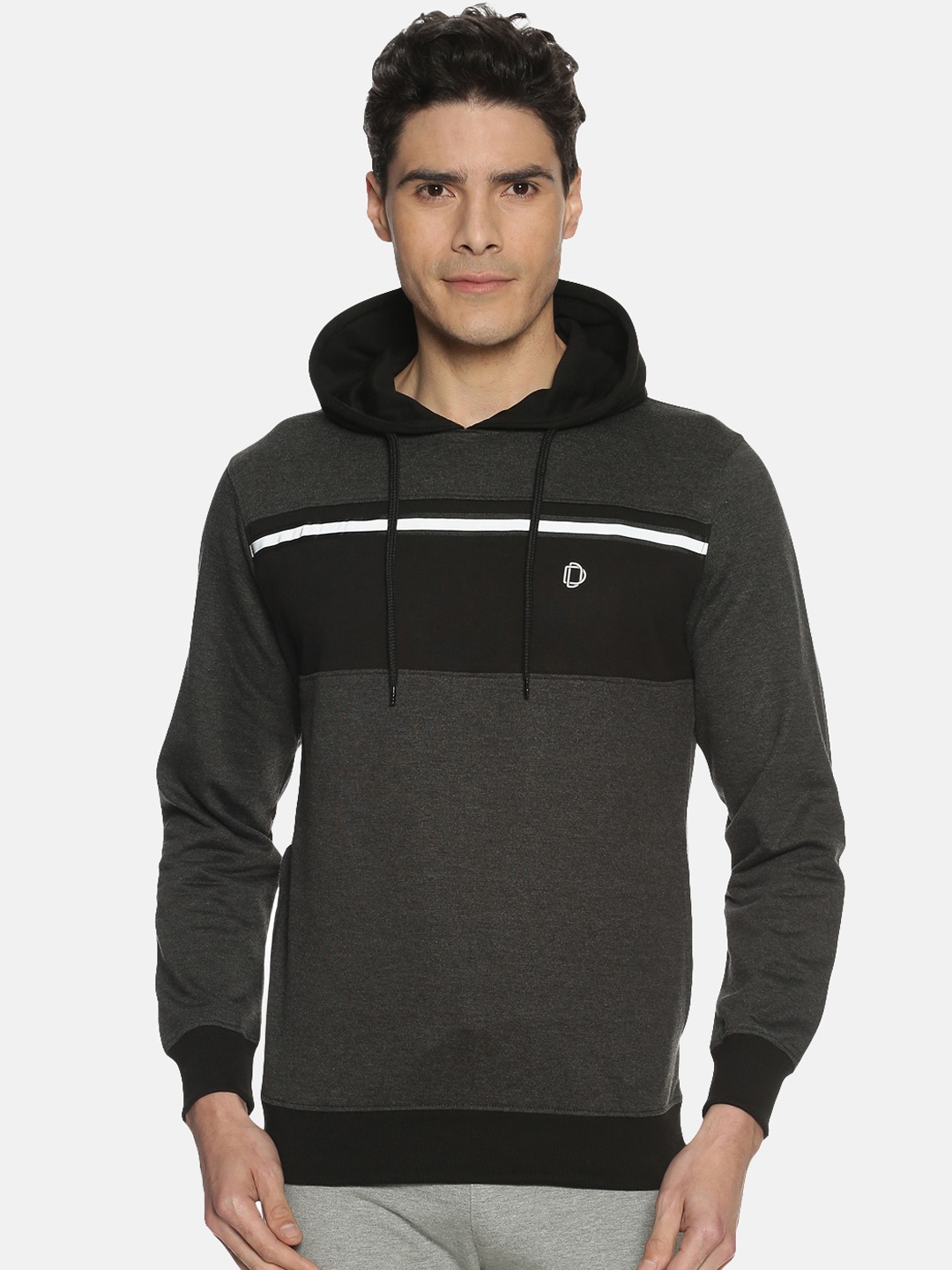 

Dollar Men Charcoal Grey & Black Colourblocked Hooded Sweatshirt