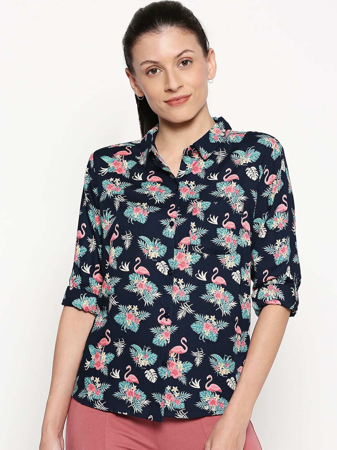 People Women Navy Blue Regular Fit Printed Casual Shirt