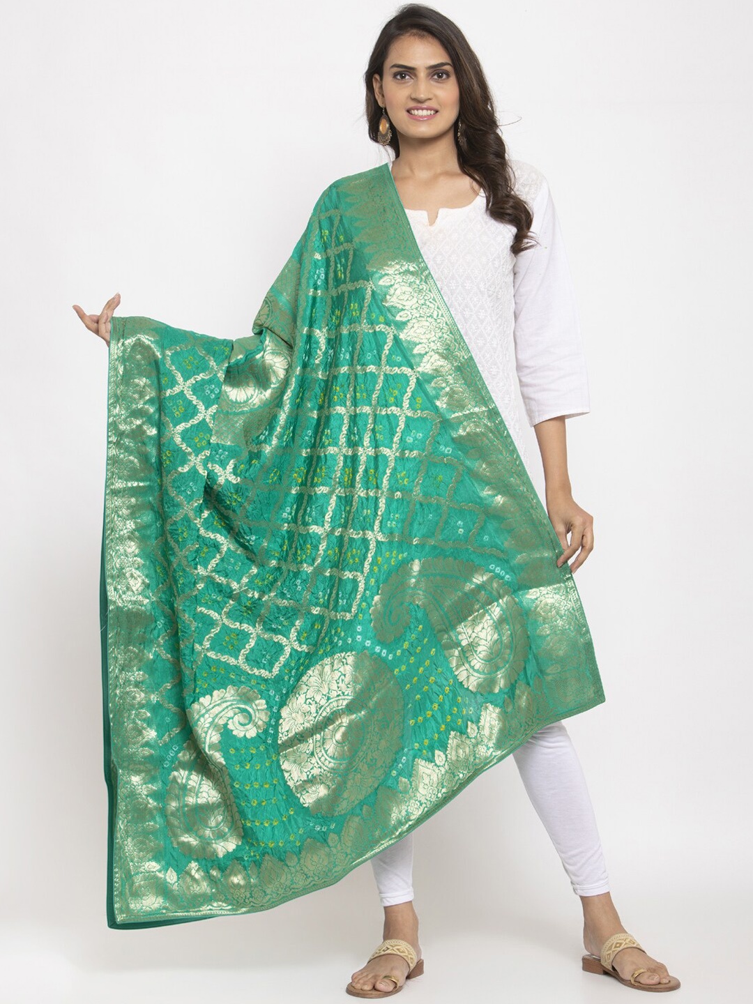 

panchhi Sea Green & Gold-Toned Woven Design Bandhej Dupatta