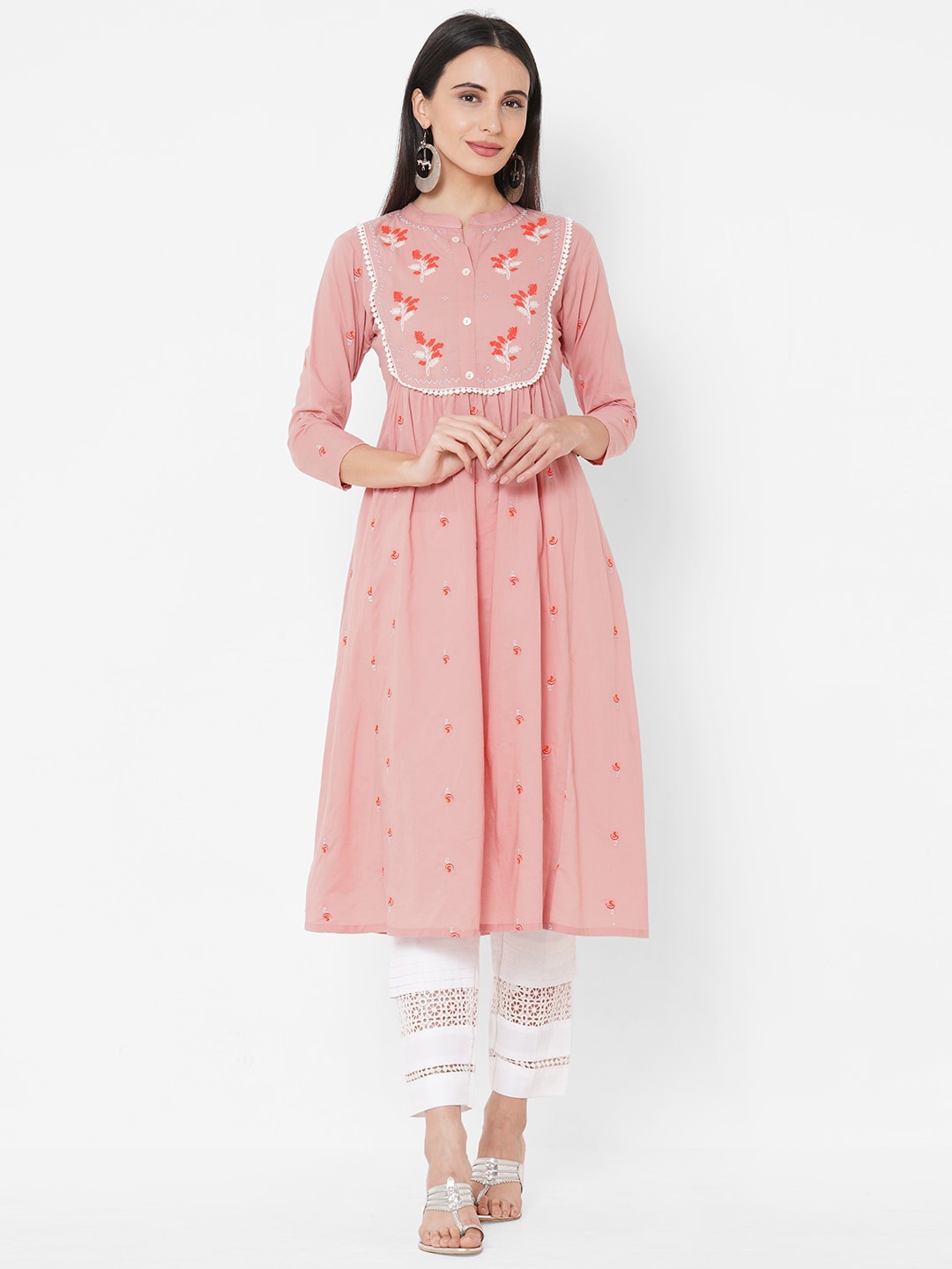 FASHOR Pink Floral Embroidered Thread Work Kurta