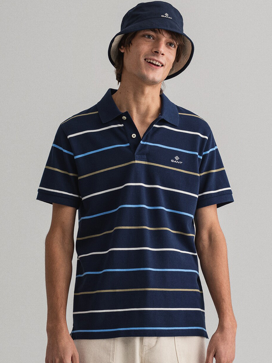

GANT Men Blue Striped Polo Collar T-shirt