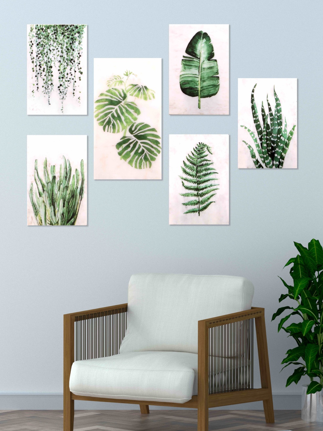 

POSH-N-PLUSH Set Of 6 Green & White Nature Painting Collage Wall Arts