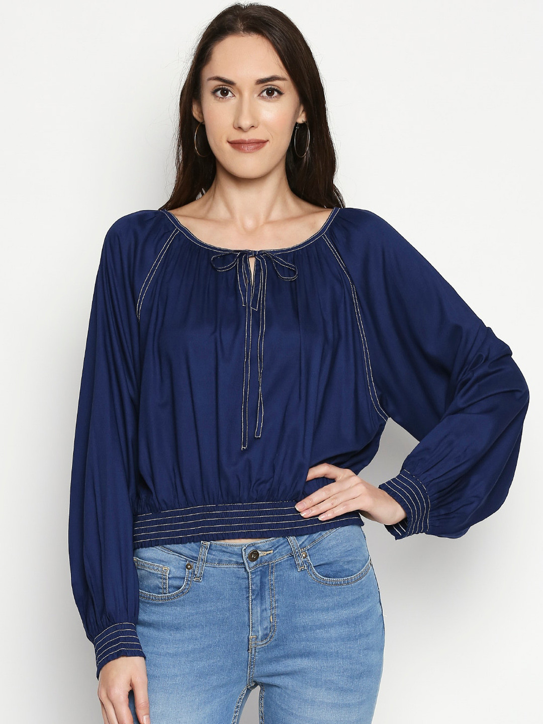 

People Blue Tie-Up Neck Blouson Top
