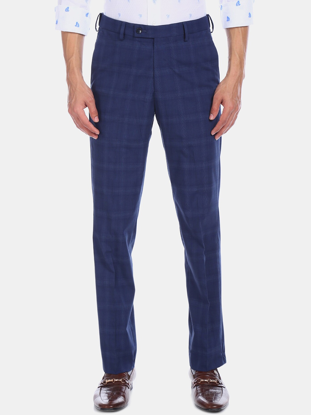 

Arrow Men Autoflex Regular Fit Checked Formal Trousers, Blue