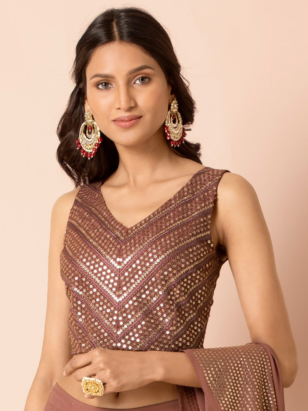 

INDYA Pink Embellished Georgette Ethnic Crop Top