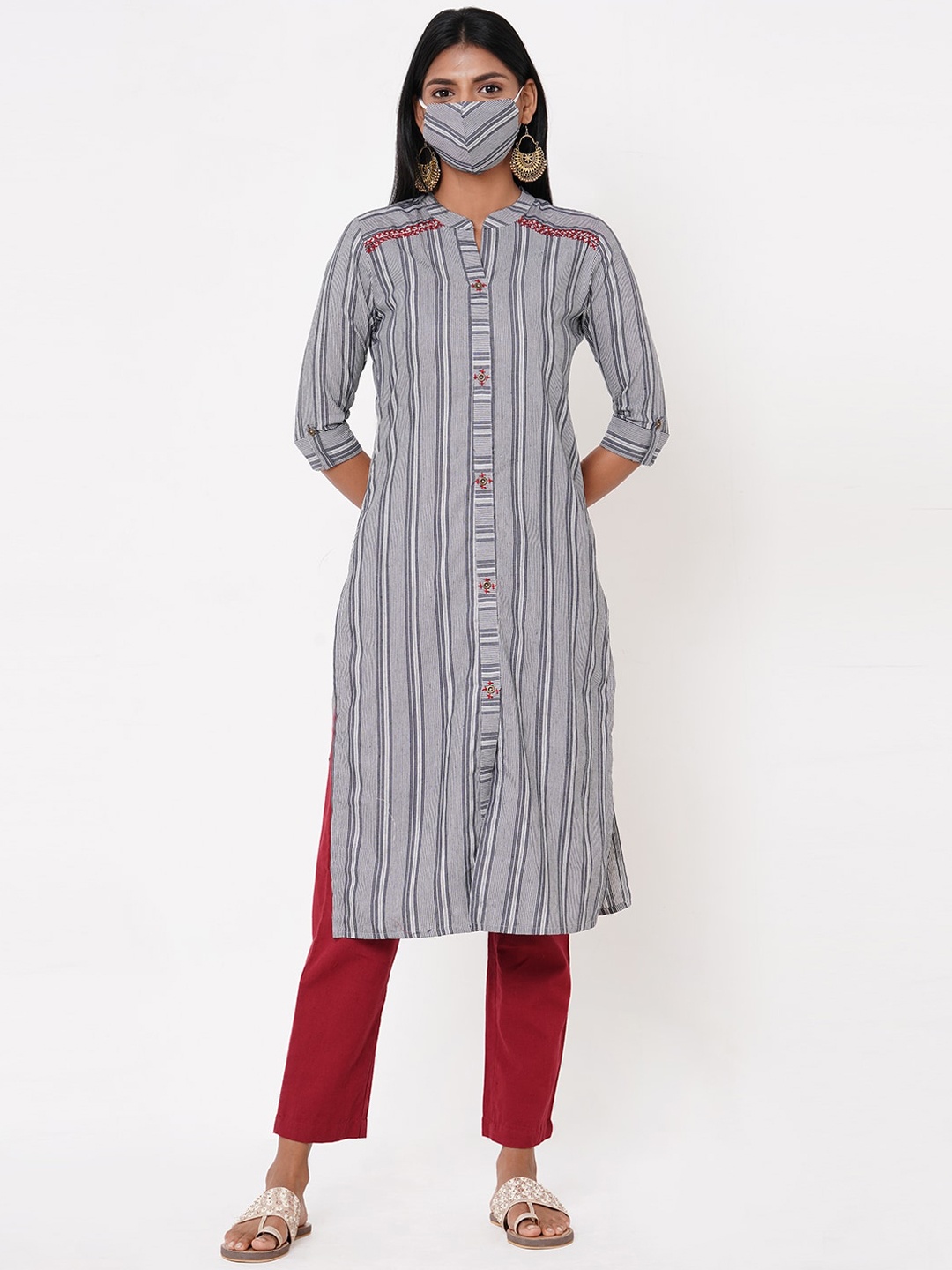 

FASHOR Blue Striped Thread Work Kurta