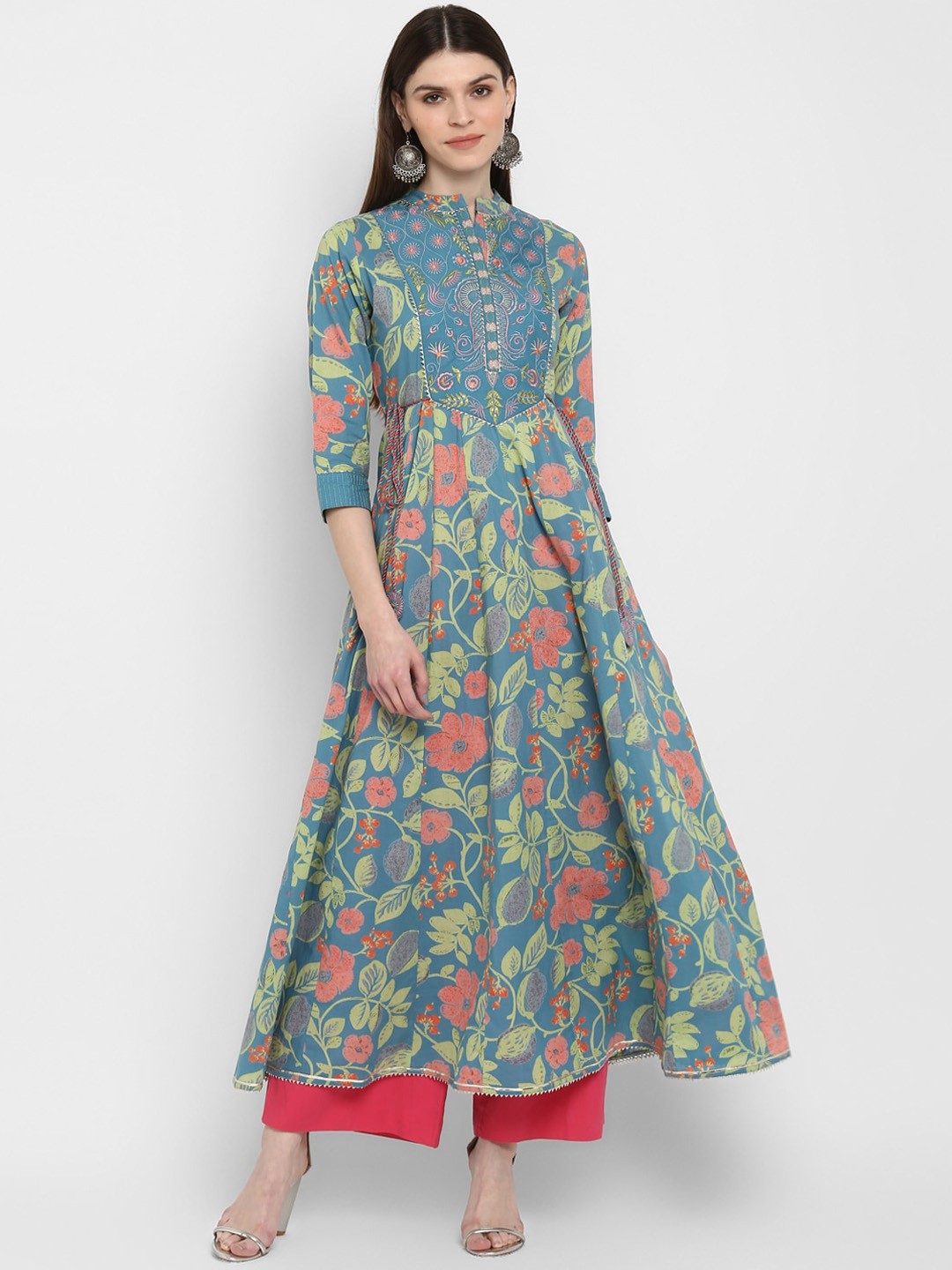 

Vbuyz Turquoise Blue Floral Printed Flared Sleeves Sequins Kurta