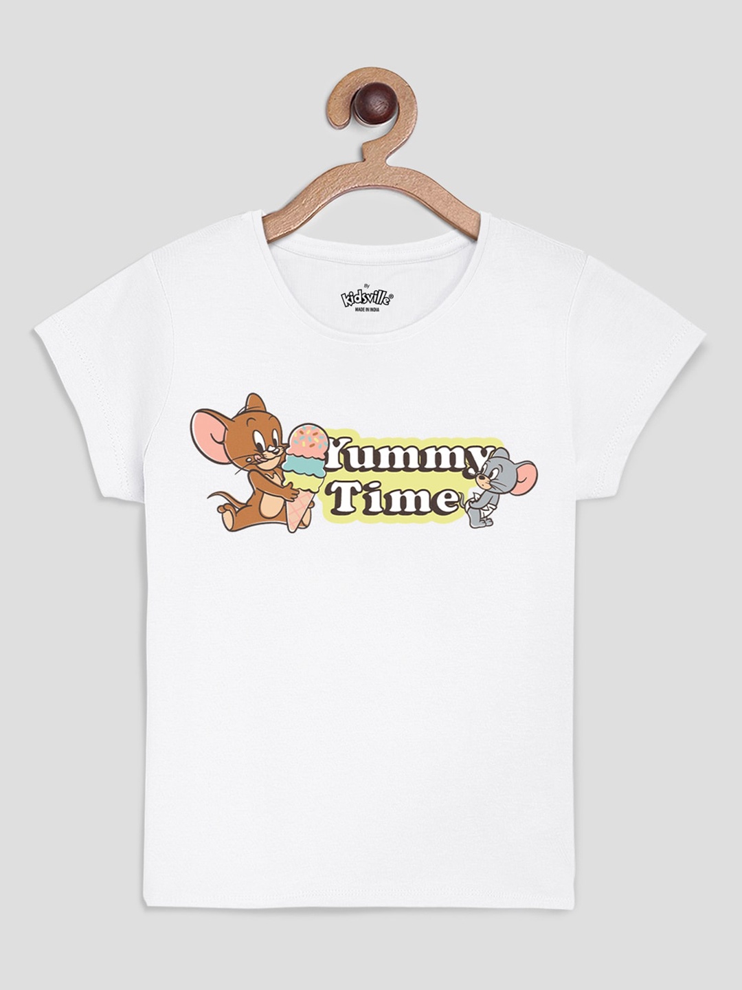 

Kids Ville Girls White Tom Jerry Printed Round Neck Pure Cotton T-shirt