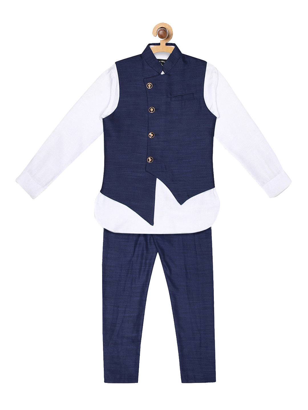 

Blue Giraffe Boys White & Navy Blue Co-Ord Set with Waistcoat