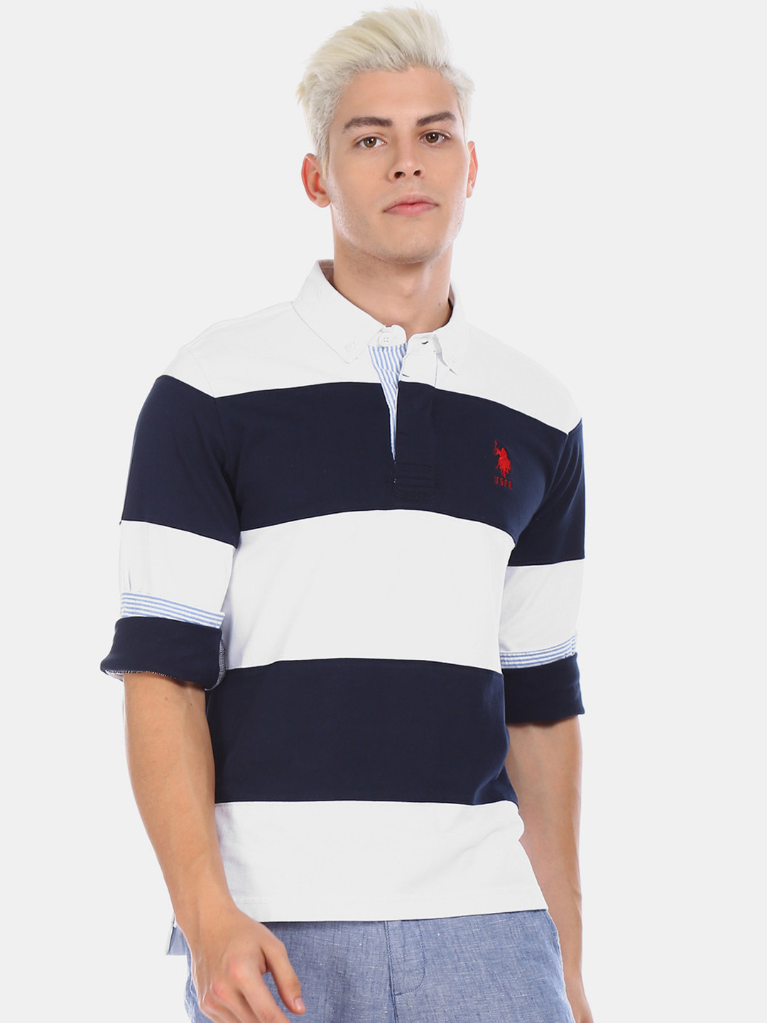 

U.S. Polo Assn. Men White Navy Blue Striped Polo Collar Pure Cotton T-shirt