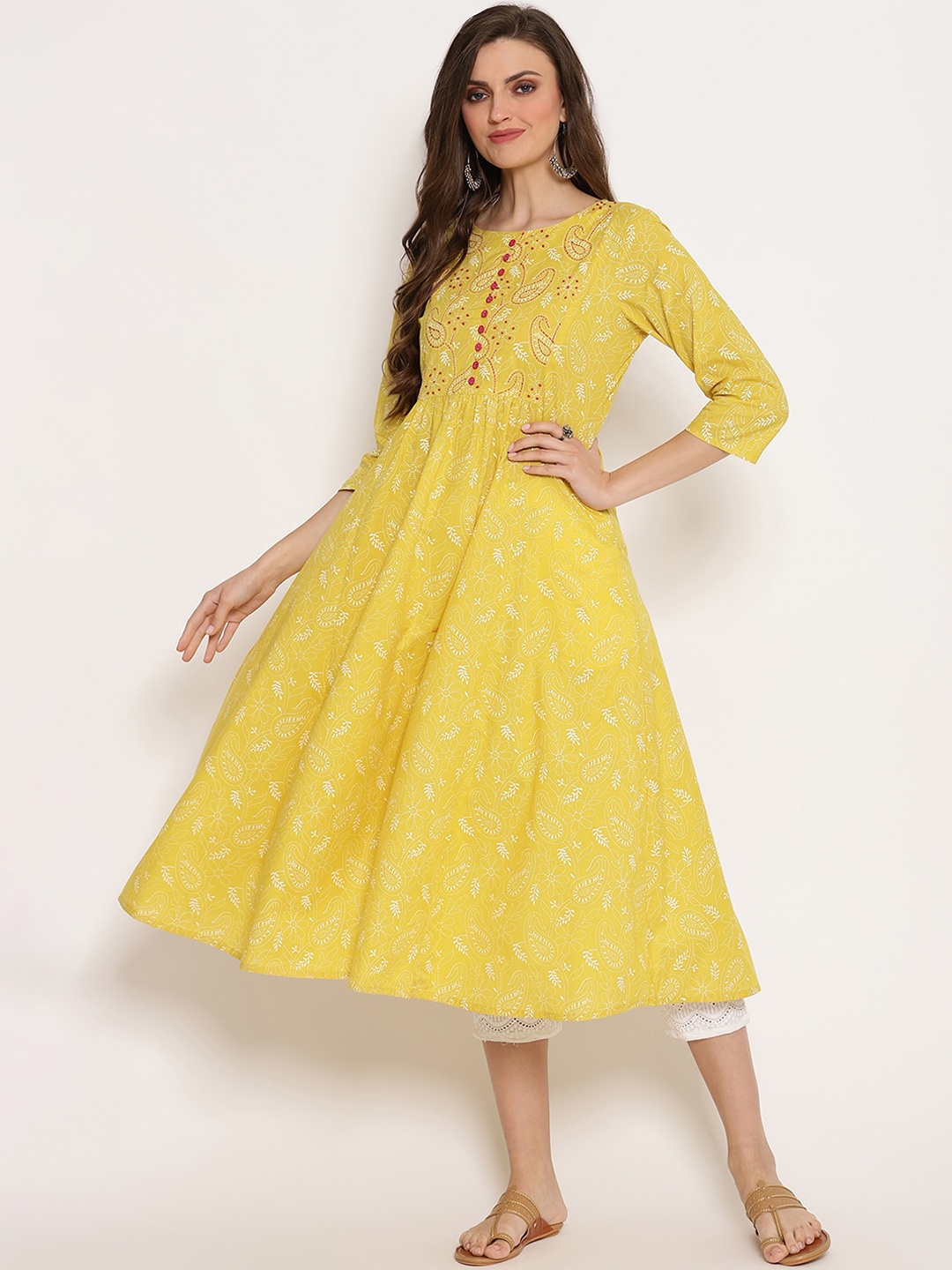 

Ramas Yellow Paisley Printed A Line Kurta
