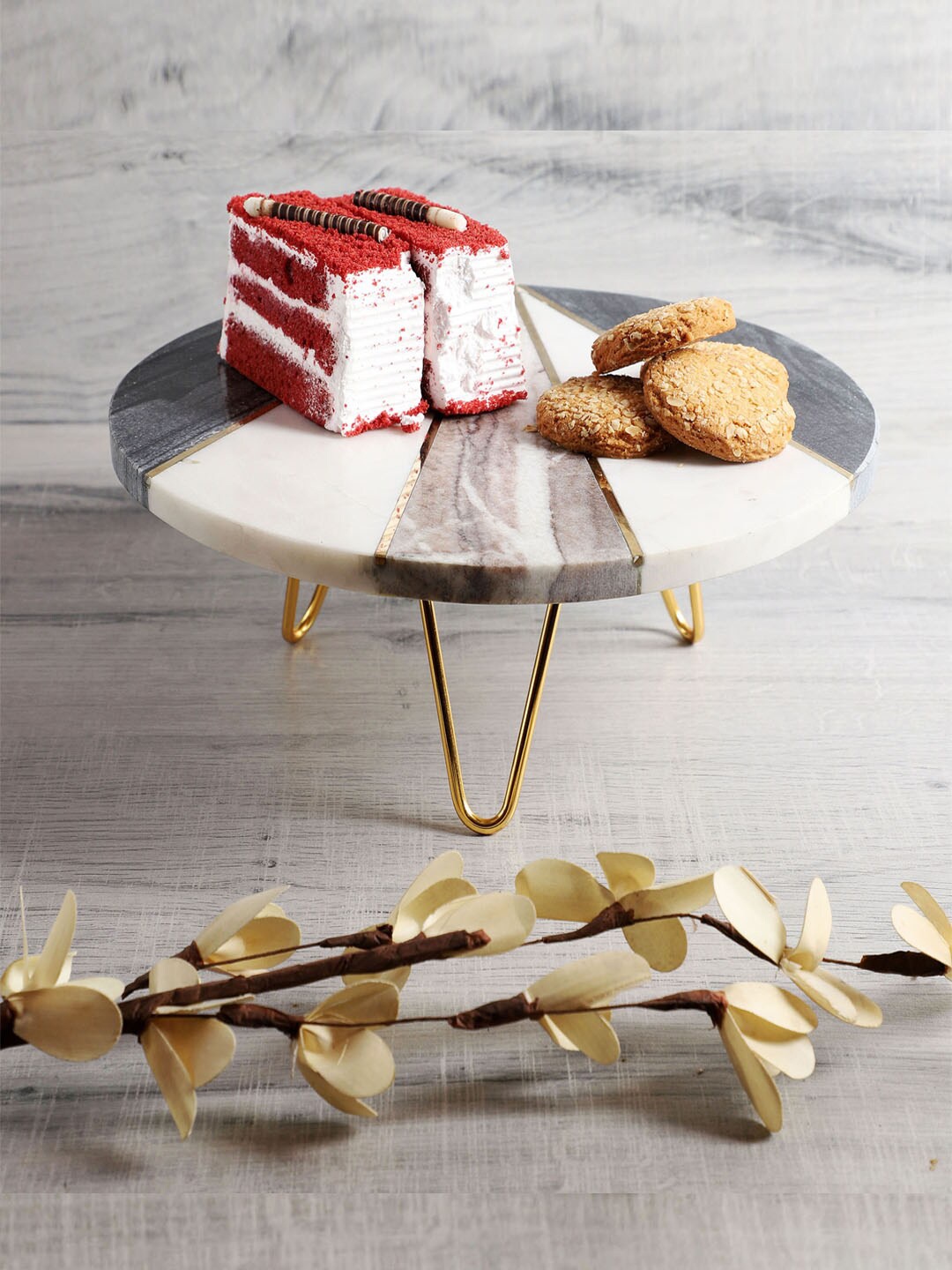 

NikkisPride White & Grey Handmade Marble Tri-Color Brass Inlay Cake Stand