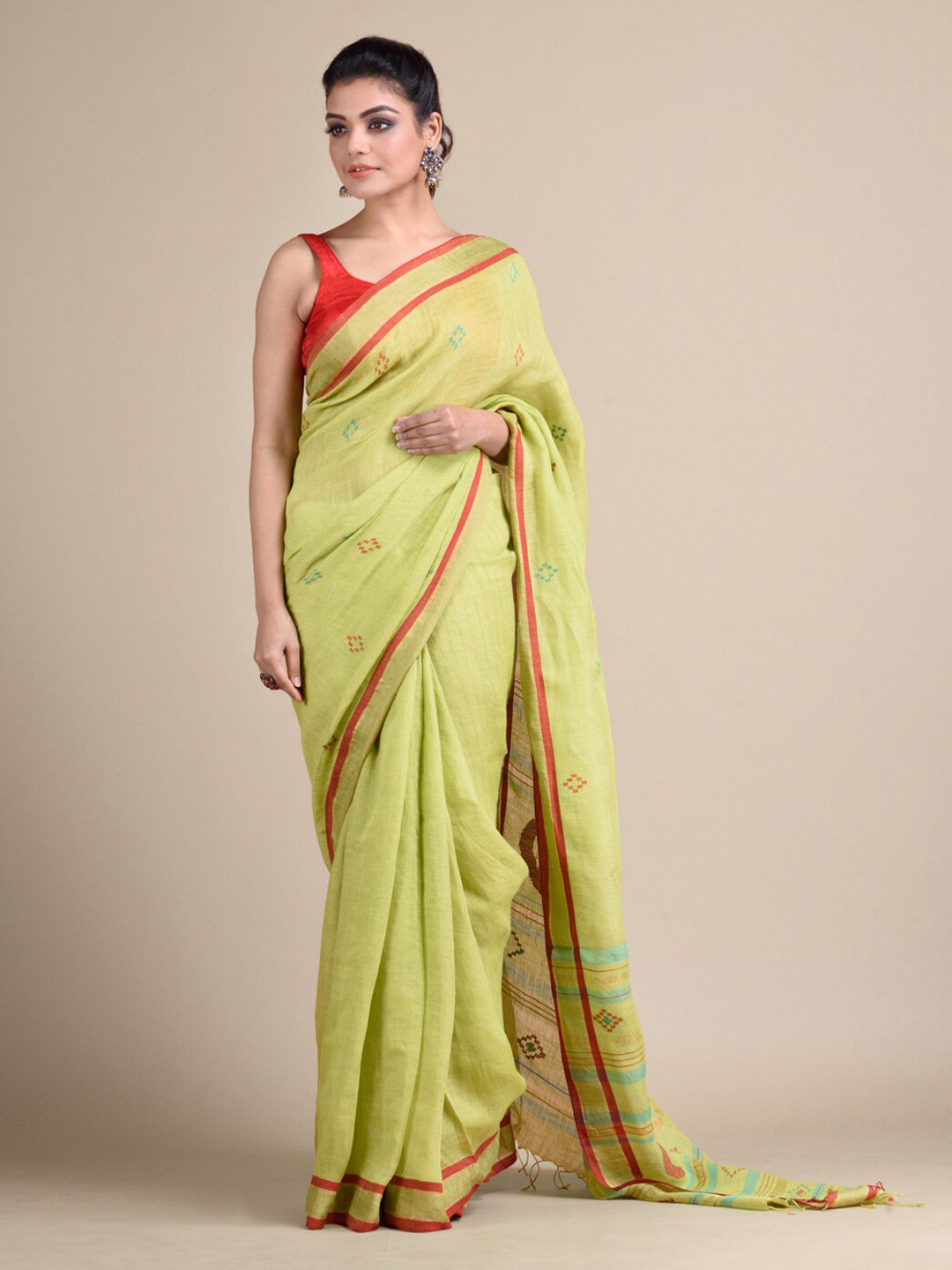 

Mitera Lime Green Embroidered Pure Linen Saree
