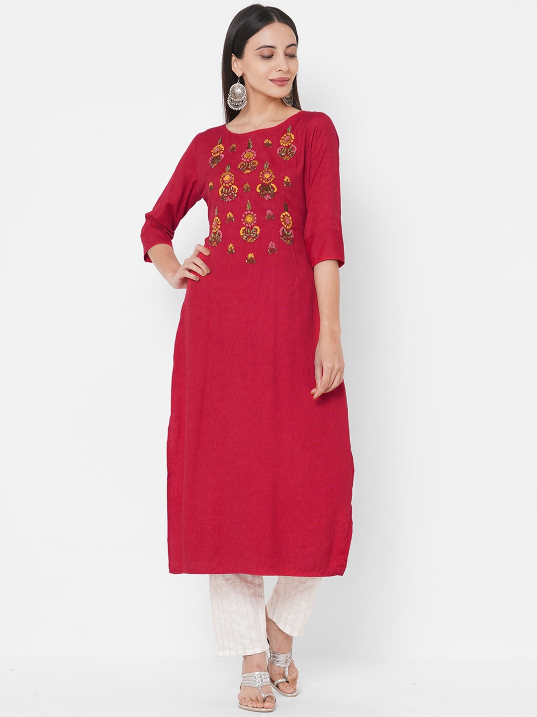 

FASHOR Red Floral Embroidered Thread Work Kurta