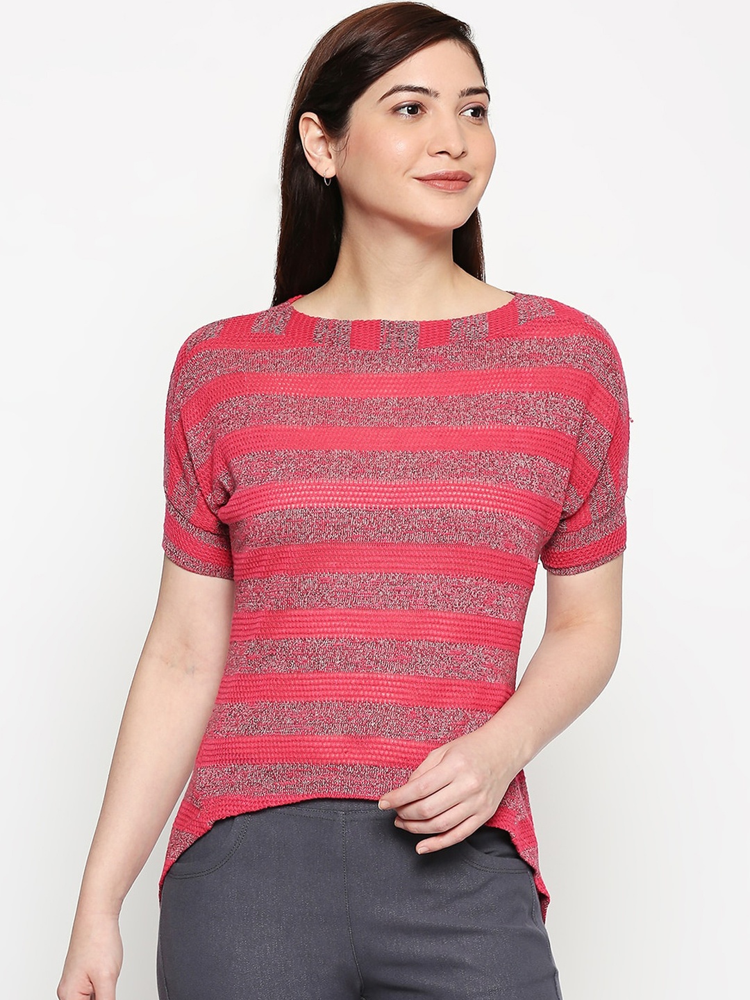 

inocenCia Women Pink Striped Boat Neck T-shirt