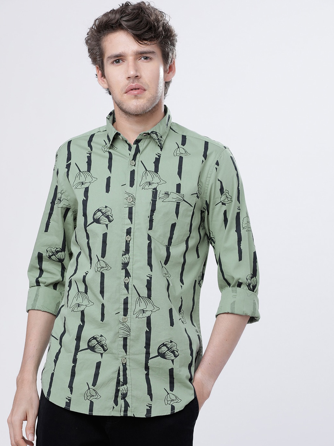

HIGHLANDER Men Olive Green Slim Fit Printed Casual Shirt