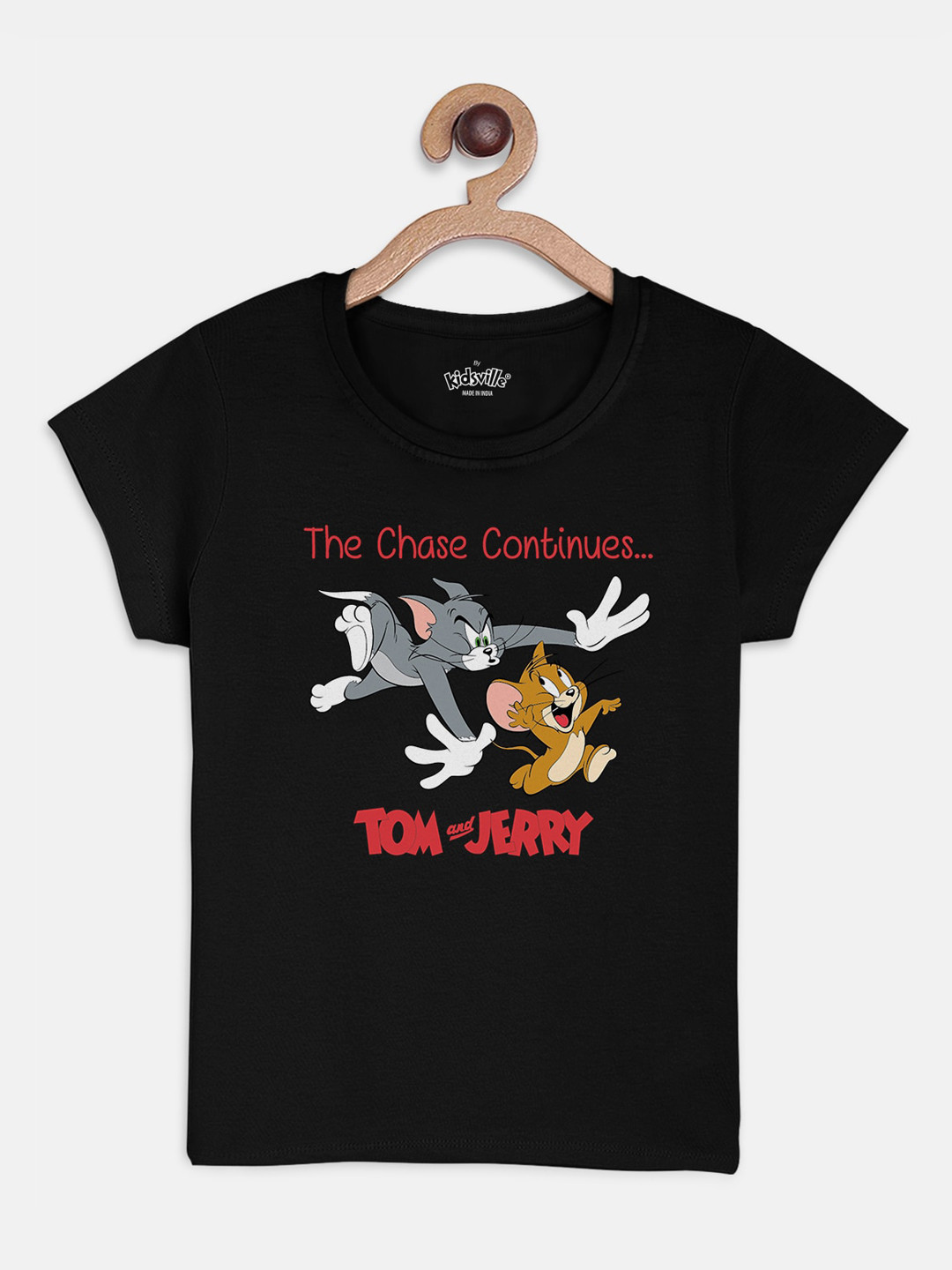 

Kids Ville Girls Black Tom Jerry Printed Round Neck Pure Cotton T-shirt