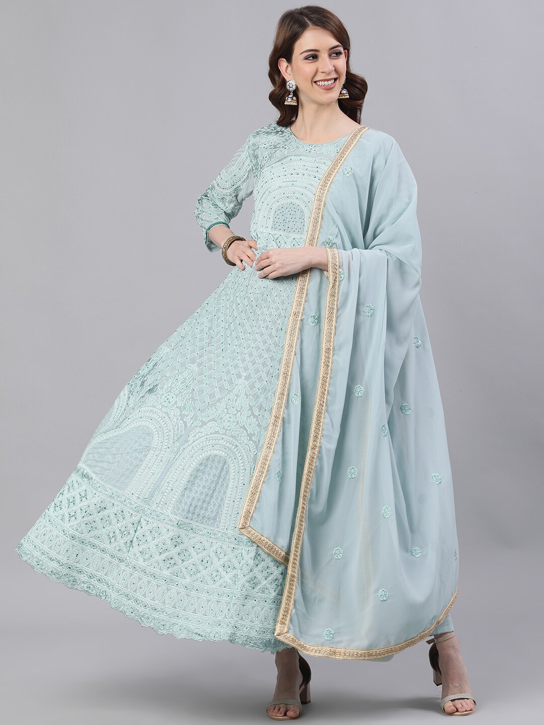

Ishin Women Blue Embroidered Anarkali Kurta With Dupatta
