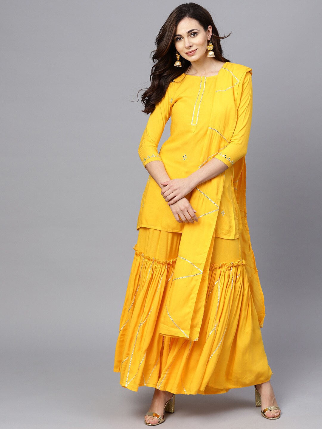 

Ishin Women Yellow Solid Kurta with Sharara & Dupatta