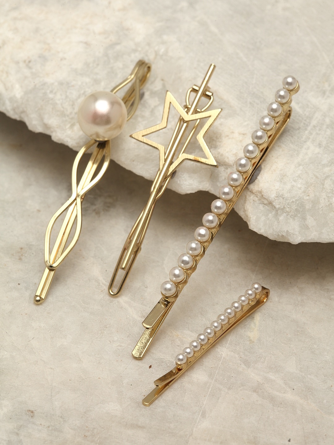 

Ferosh Gold-Toned & White Set of 4 Embellished Hair Accessory Set
