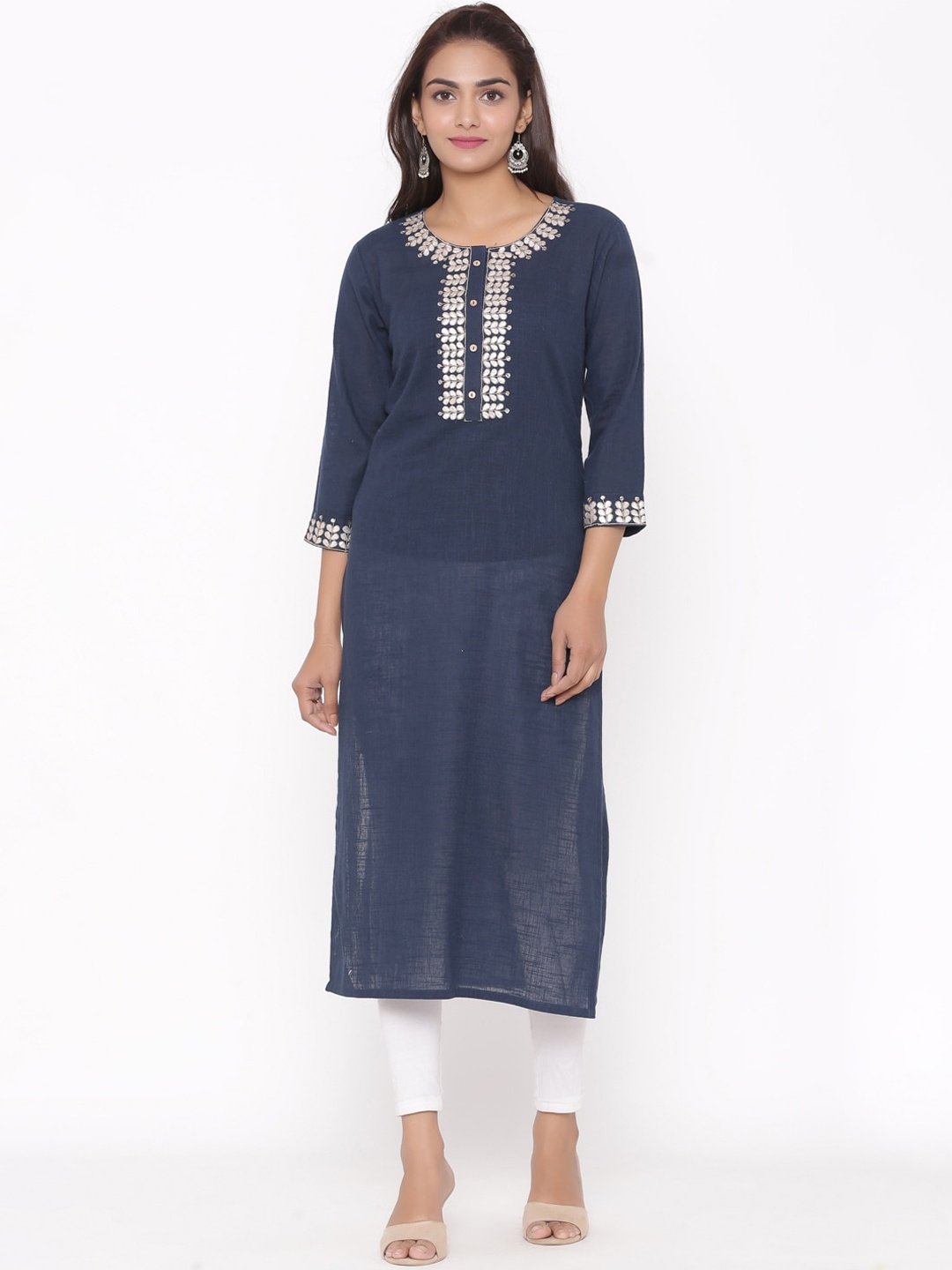 

Silai Bunai Women Navy Blue Striped Gotta Patti Straight Kurta