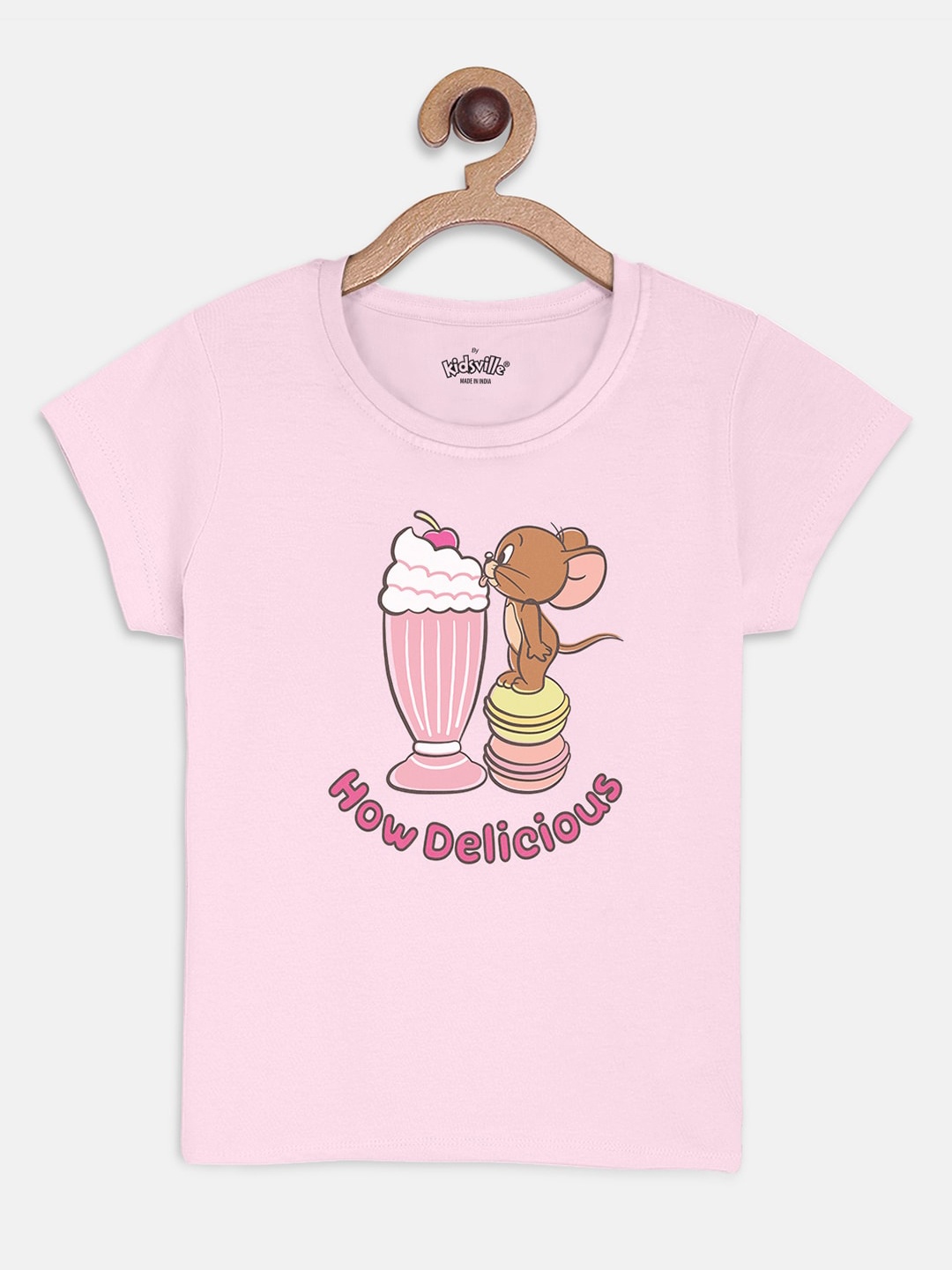 

Kids Ville Girls Pink Tom Jerry Printed Round Neck Pure Cotton T-shirt