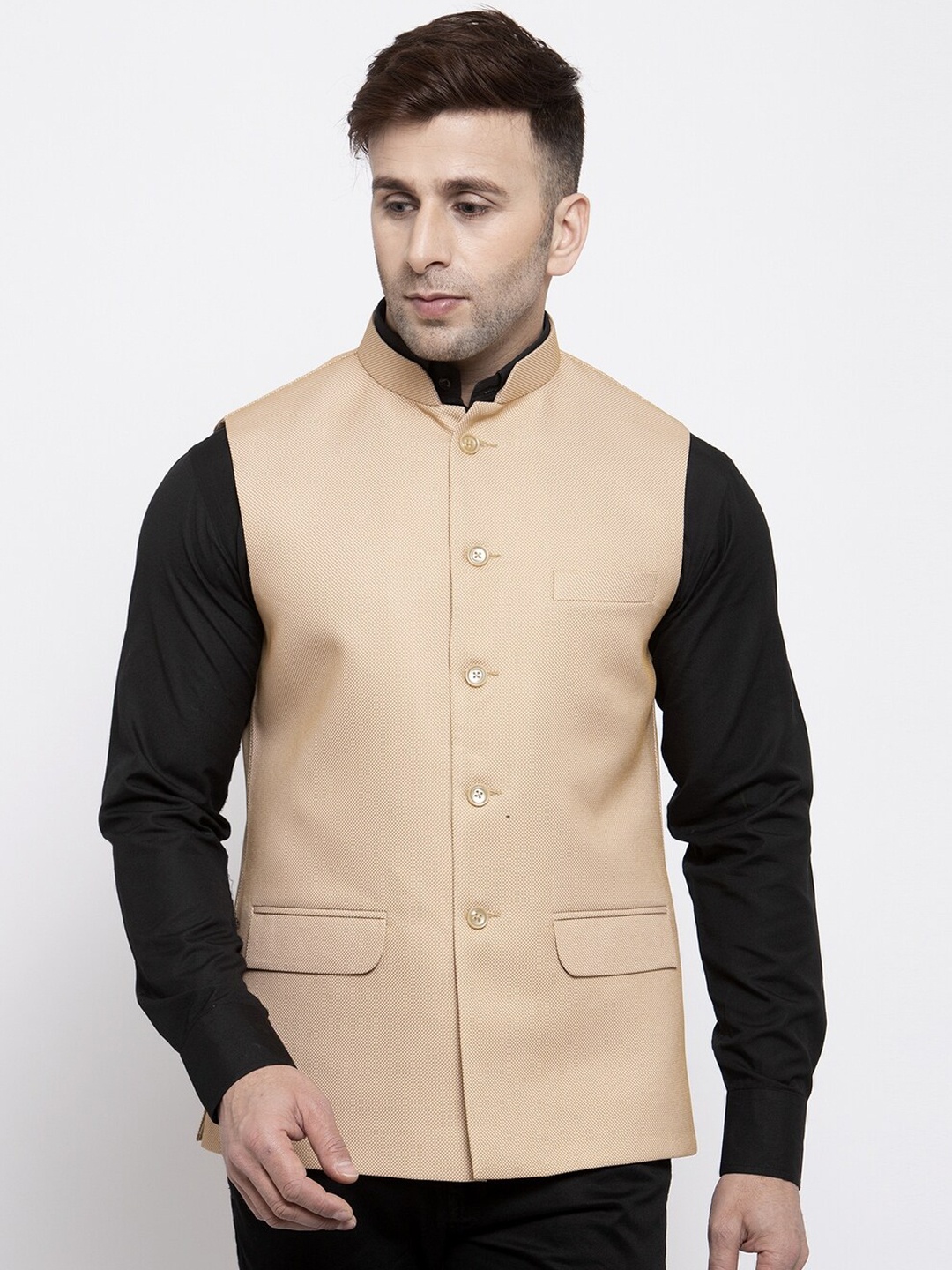 

Wintage Men Beige & White Woven Design Nehru Jacket