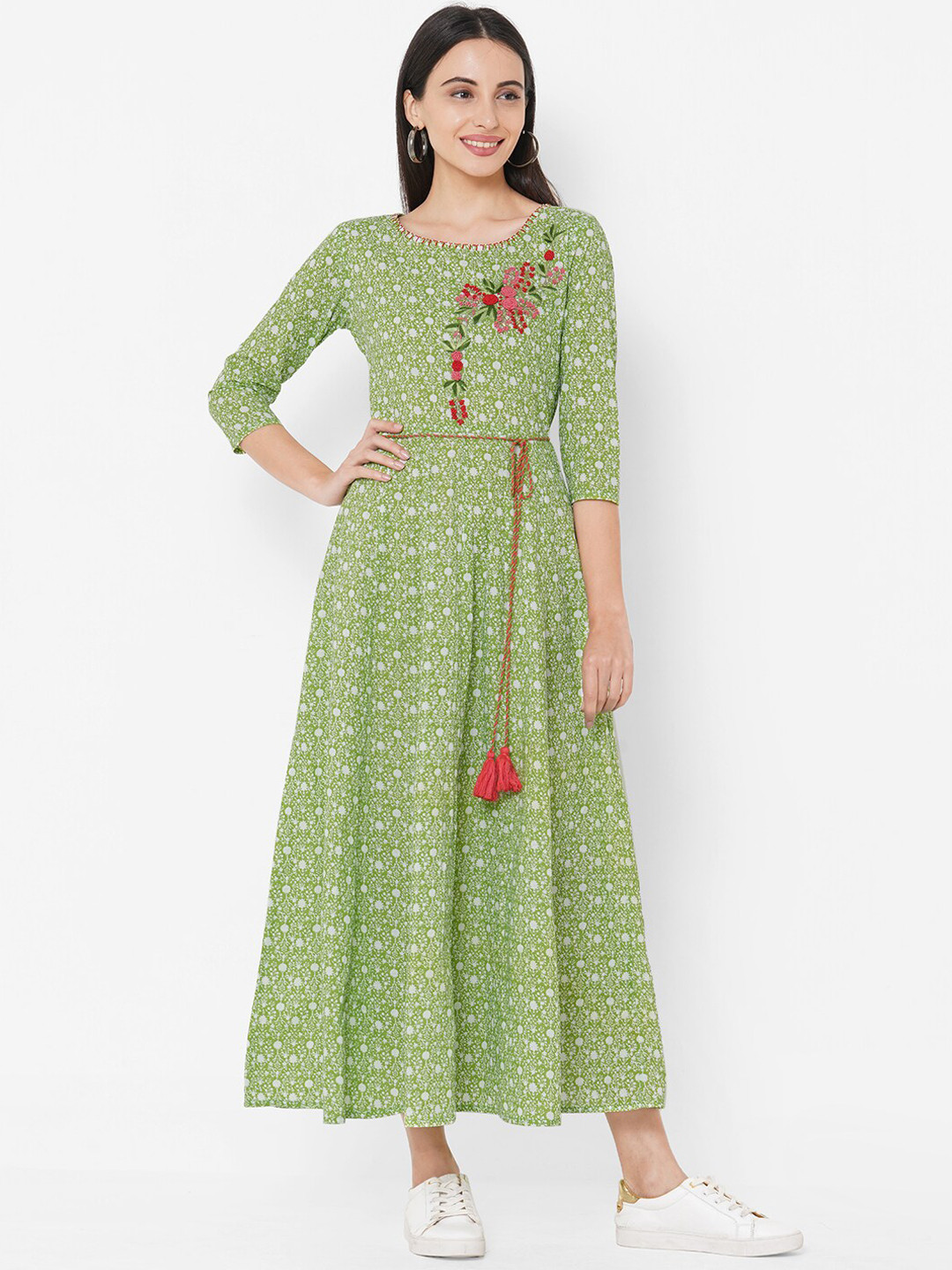 

FASHOR Women Green Printed Fit and Flare Dress