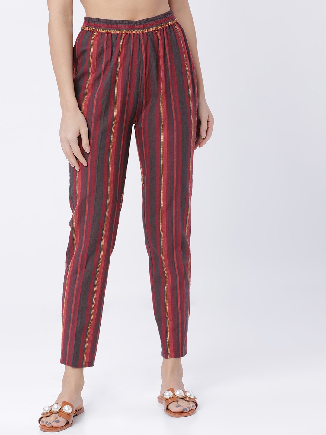 

Vishudh Women Burgundy & Green Tapered Fit Striped Cigarette Trousers