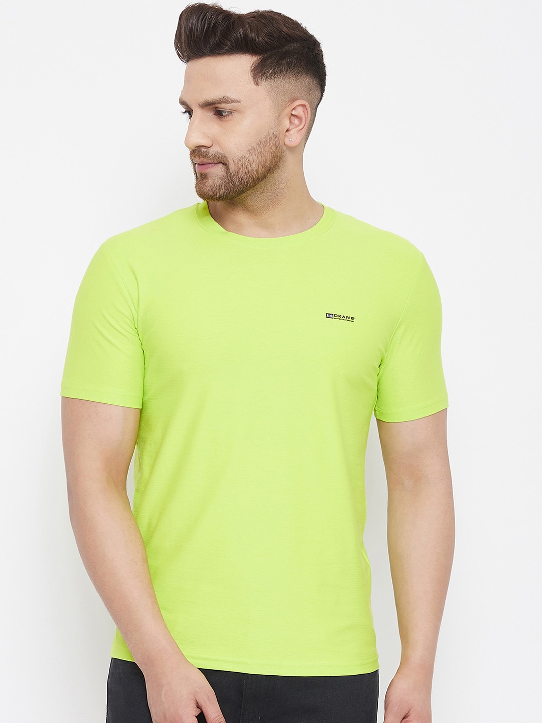 

Okane Men Fluorescent Green Solid Round Neck T-shirt