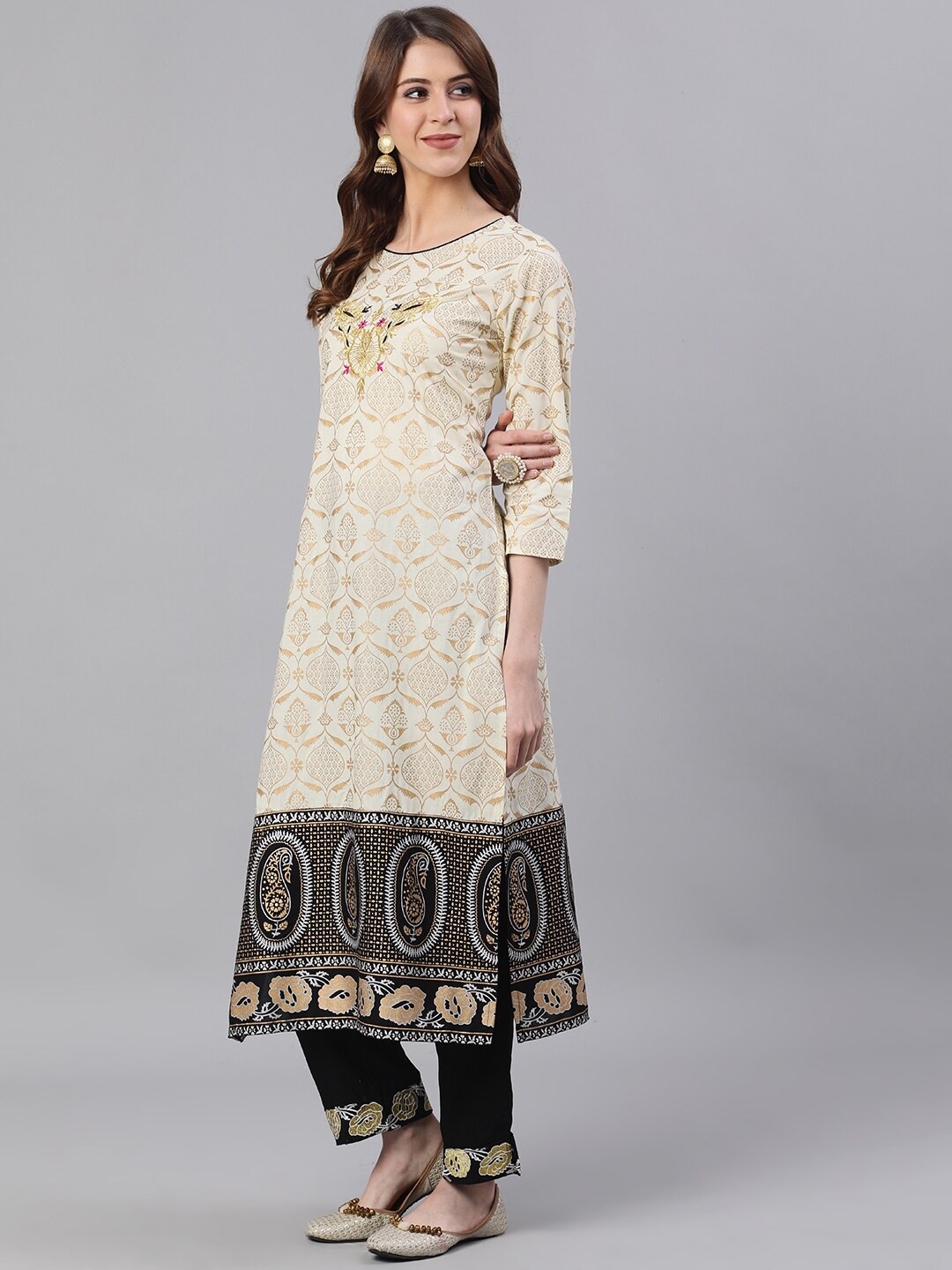 

Ishin Women Off-White Embroidered Kurti with Churidar & Dupatta