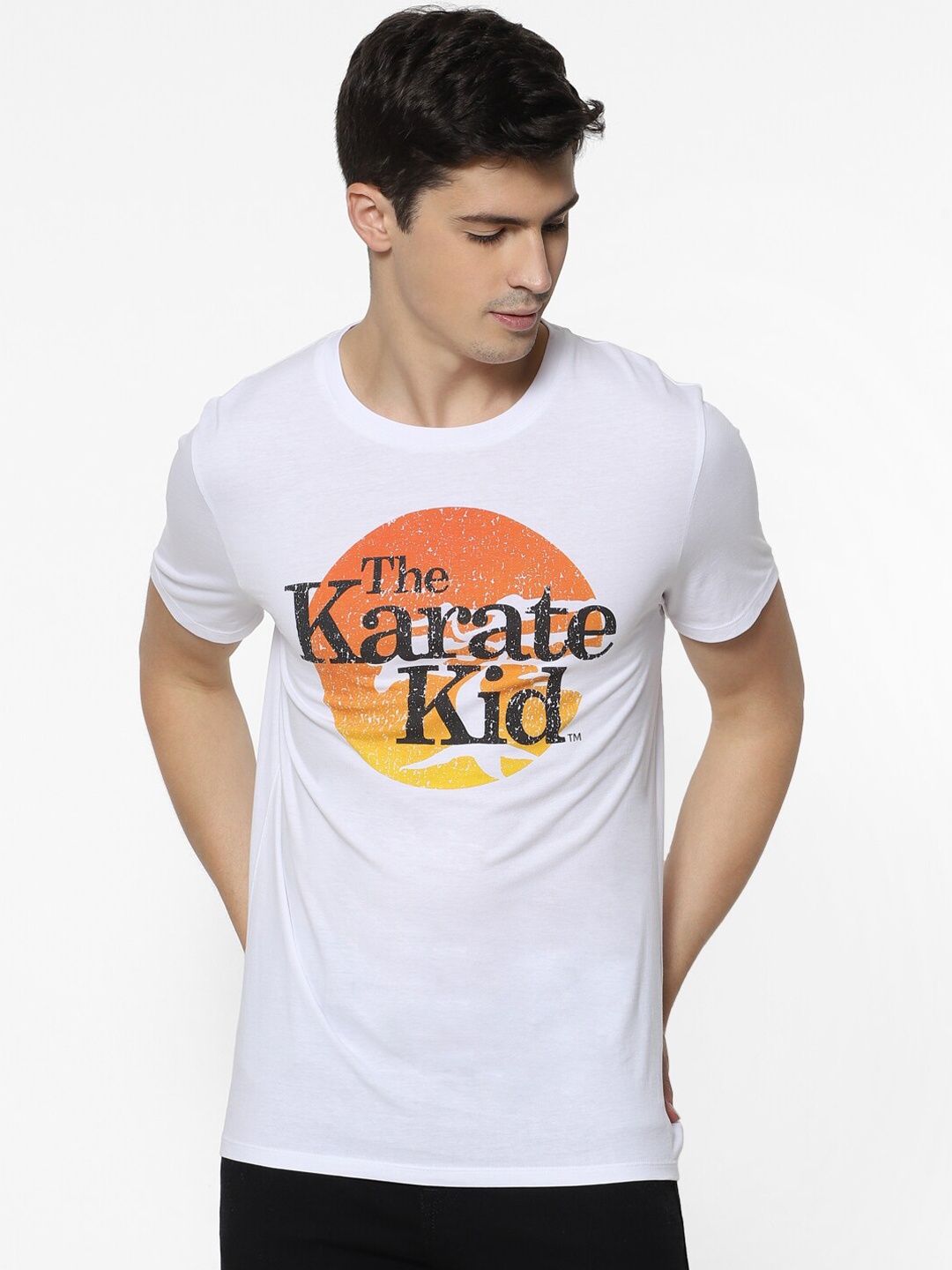 

Celio Men White Black Karate Kid Printed Round Neck Cotton Pure Cotton T-shirt
