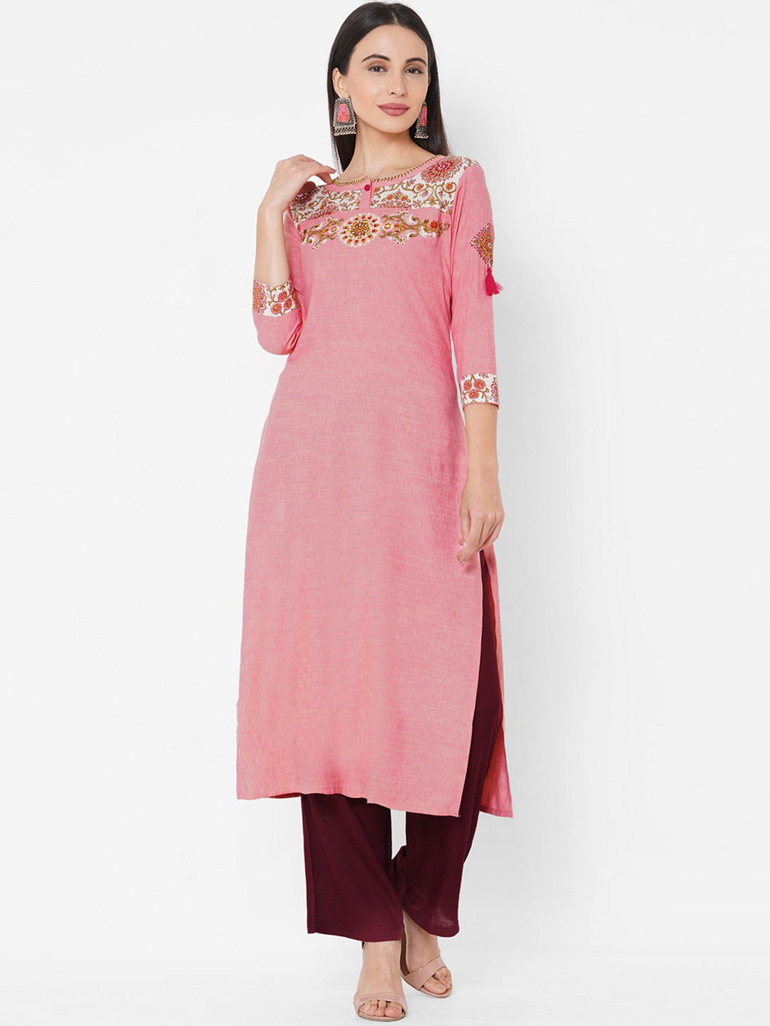 

FASHOR Pink Floral Embroidered Thread Work Kurta