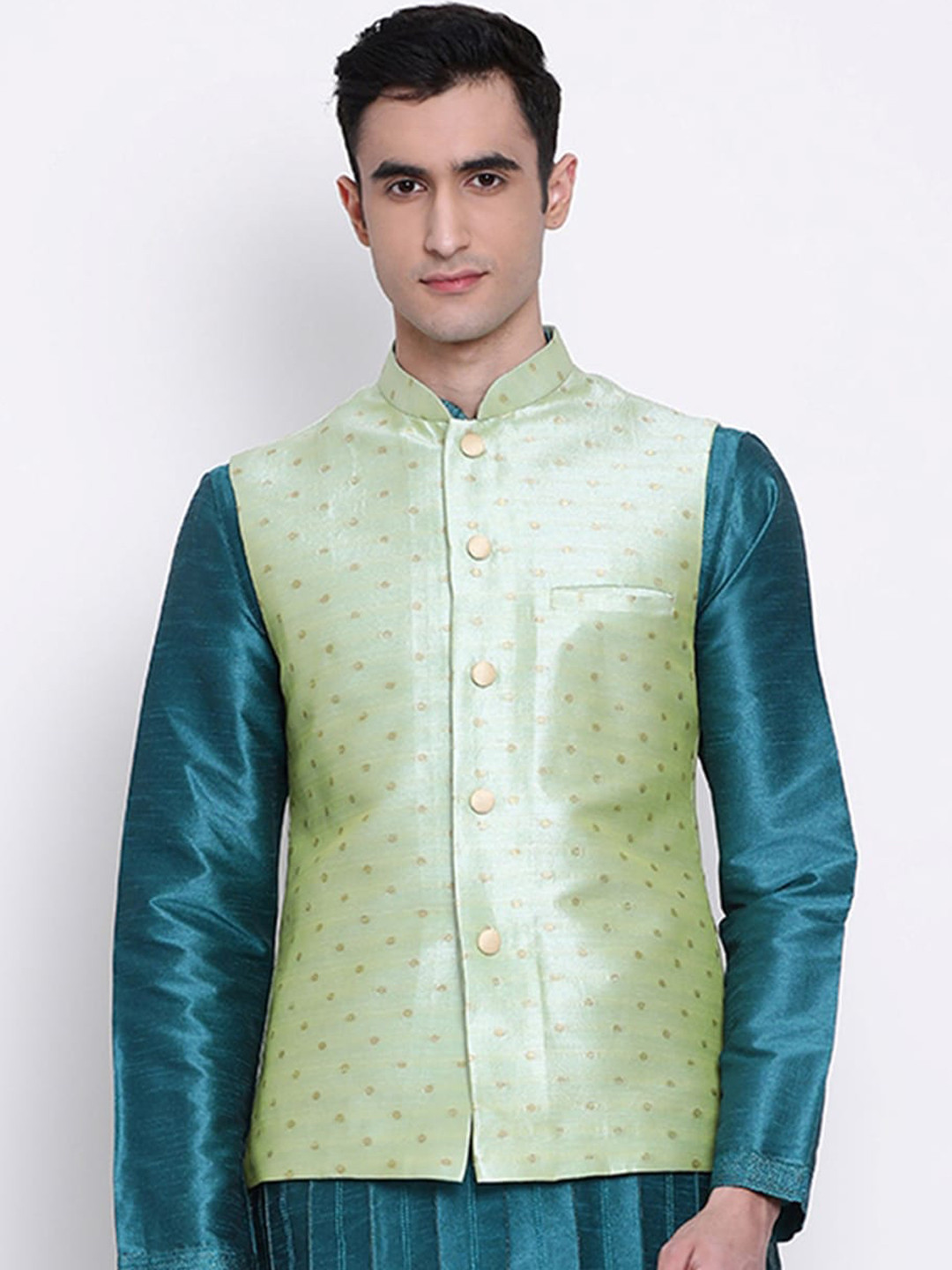 

Sanwara Men Green & Gold-Coloured Woven Design Woven Nehru Jacket